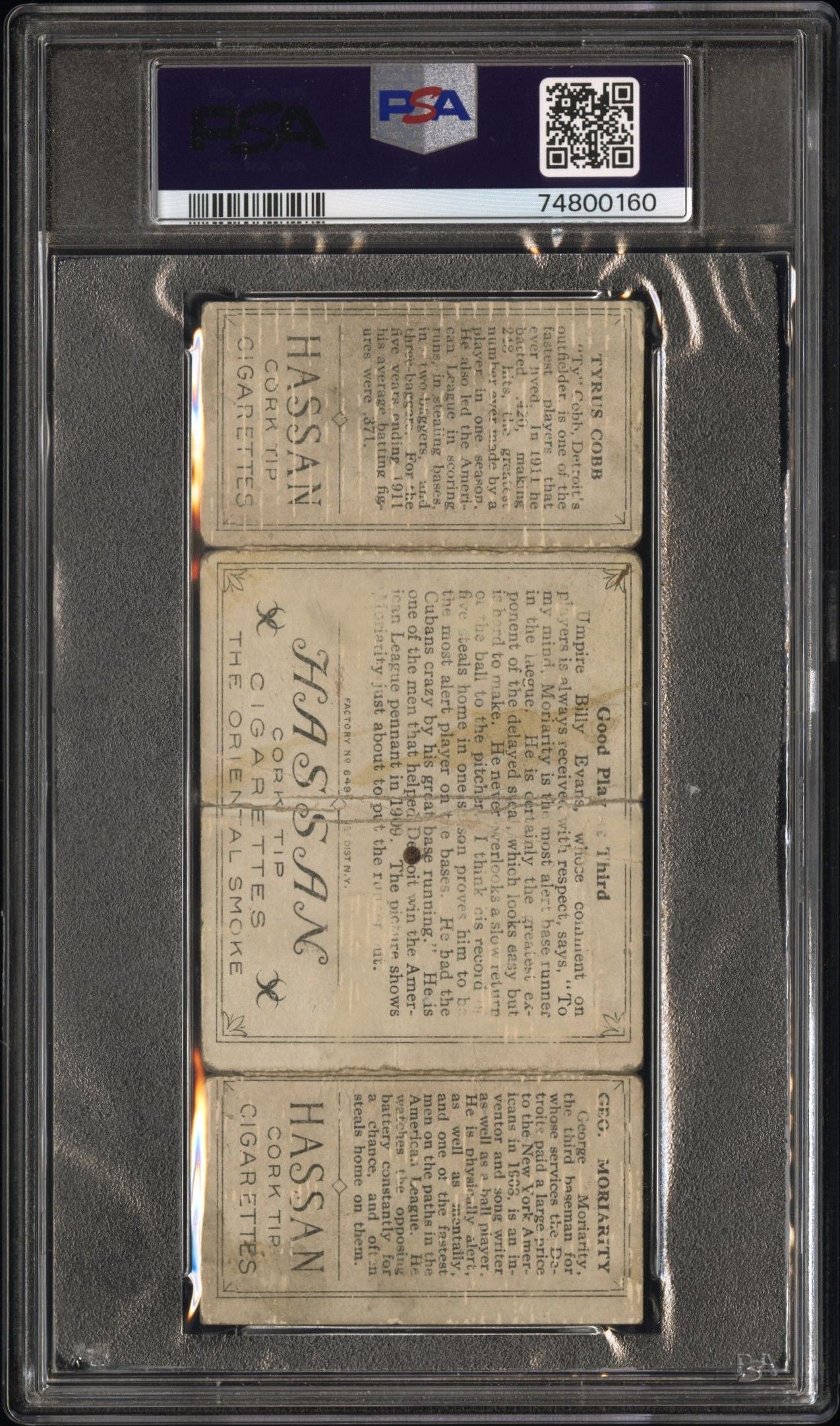 1912 G.MORIARTY/T.COBB T202 HASSAN TRIPLE FOLDER GOOD PLAY AT THIRD PSA 1