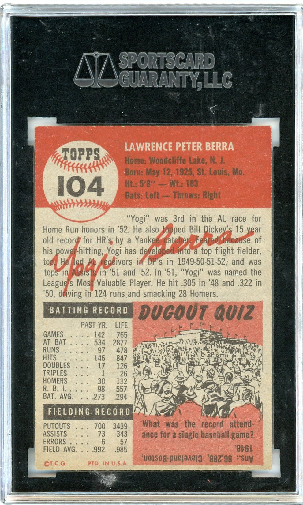 1953 Topps Yogi Berra #104 SGC 5.5