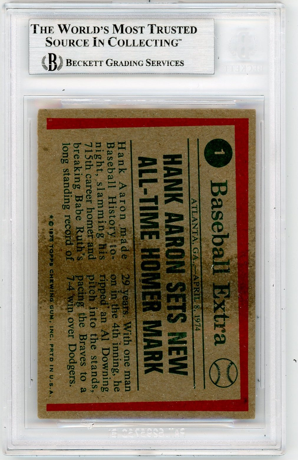 1975 Topps Sets Homer Mark Hank Aaron HL #1 BVG Authentic /Sets BAS Auto A