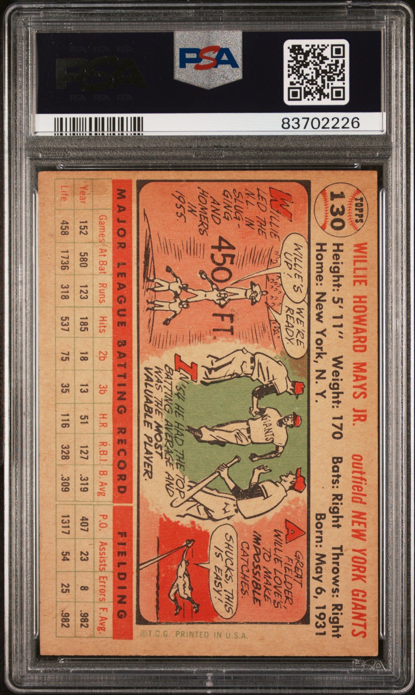 1956 TOPPS WILLIE MAYS WHITE BACK #130 PSA 4