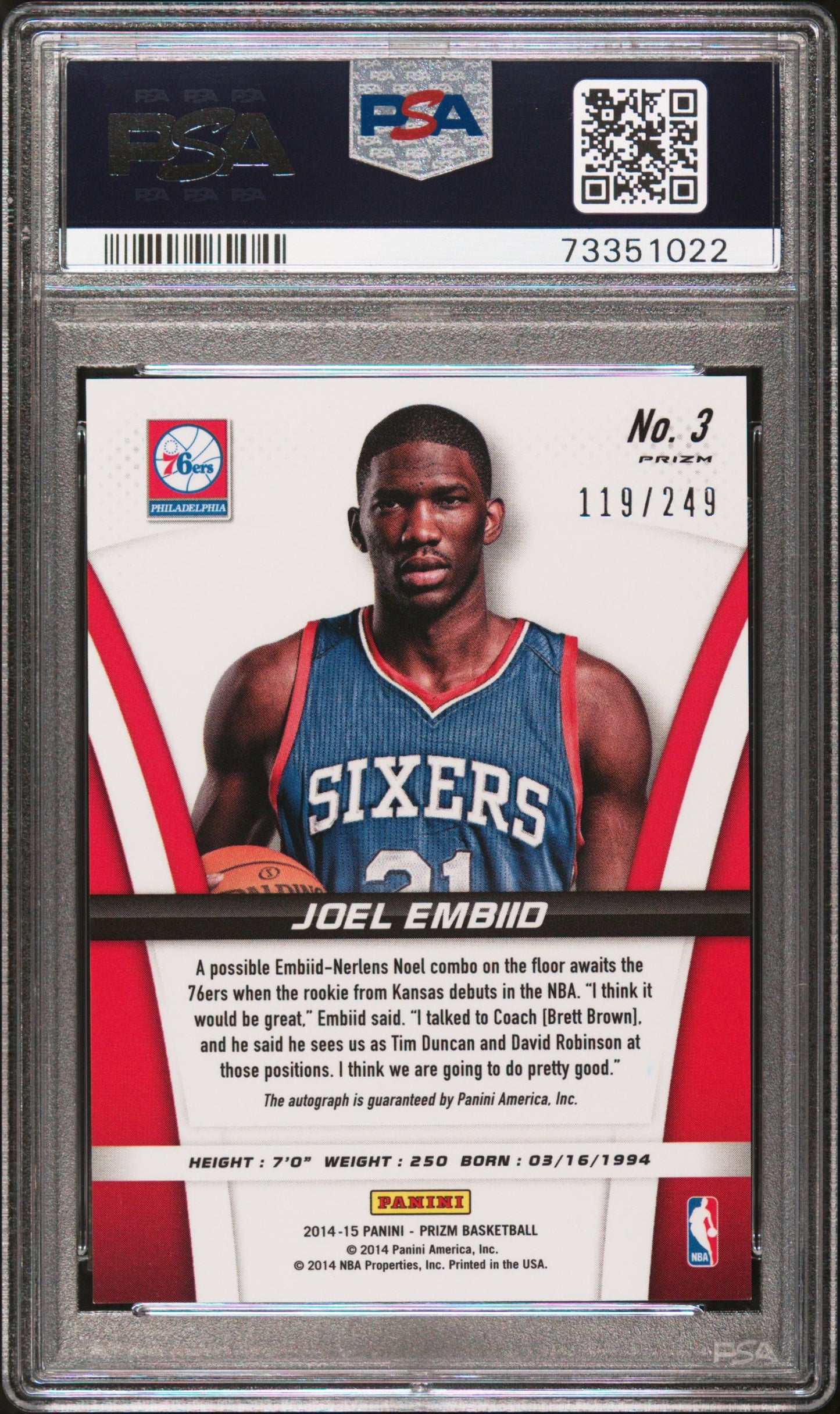 2014 PANINI JOEL EMBIID PRIZM ROOKIE AUTOGRAPHS #3 PSA 10