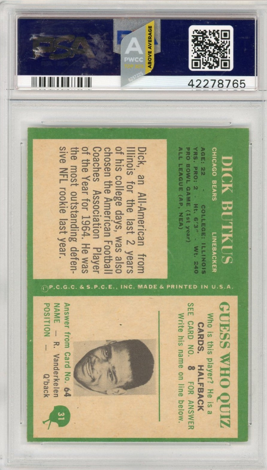 1966 Philadelphia Dick Butkus #31 PSA 8 Auto 8
