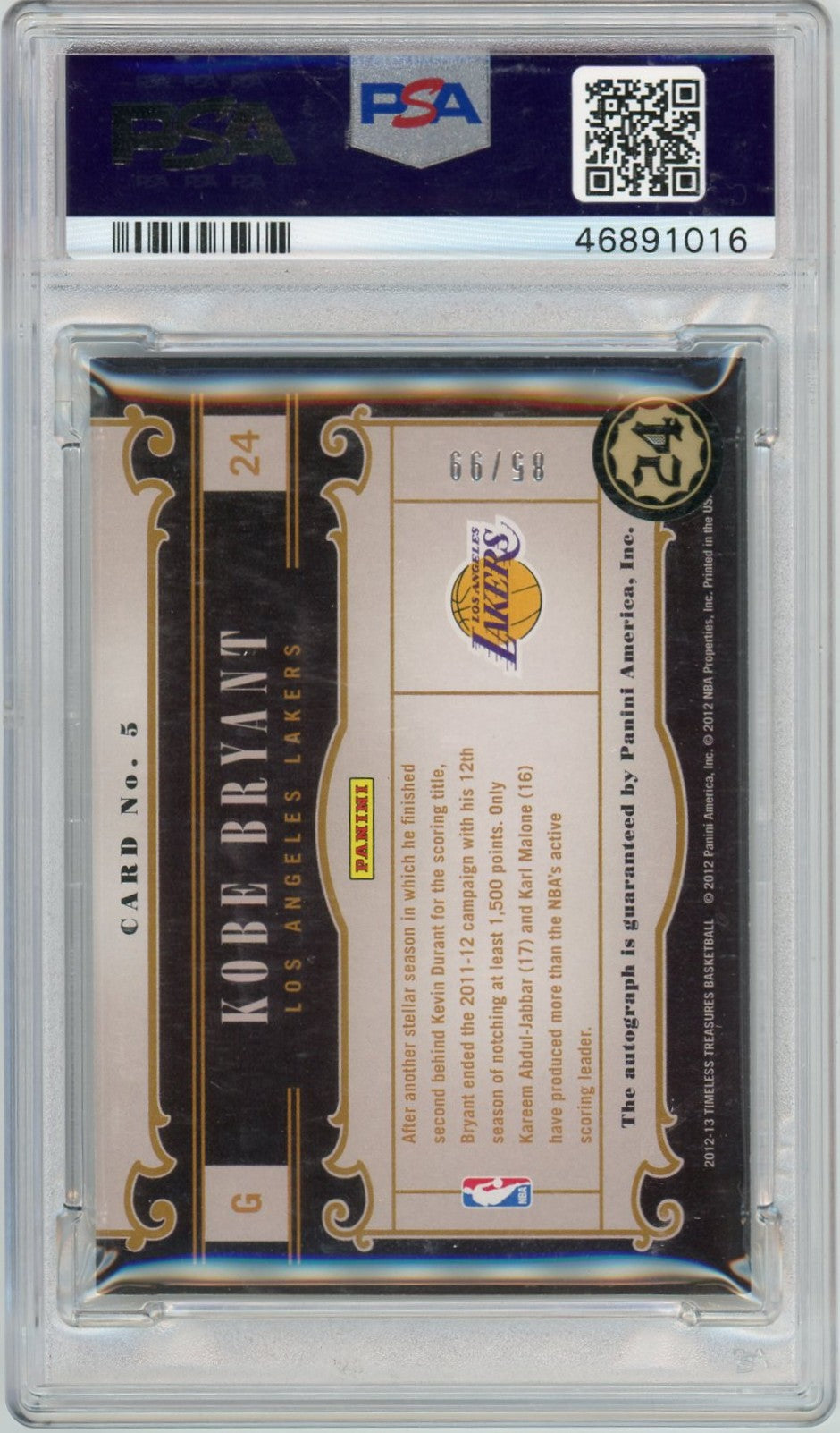 2012 Panini Timeless Treasures Talents Signatures Kobe Bryant #5 PSA 8 Auto 10