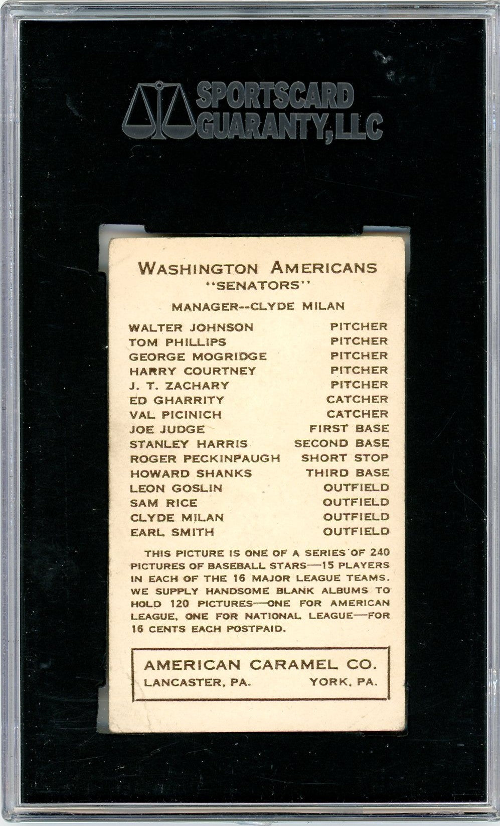 1922 American Caramel Co. E120 Walter Johnson SGC 3