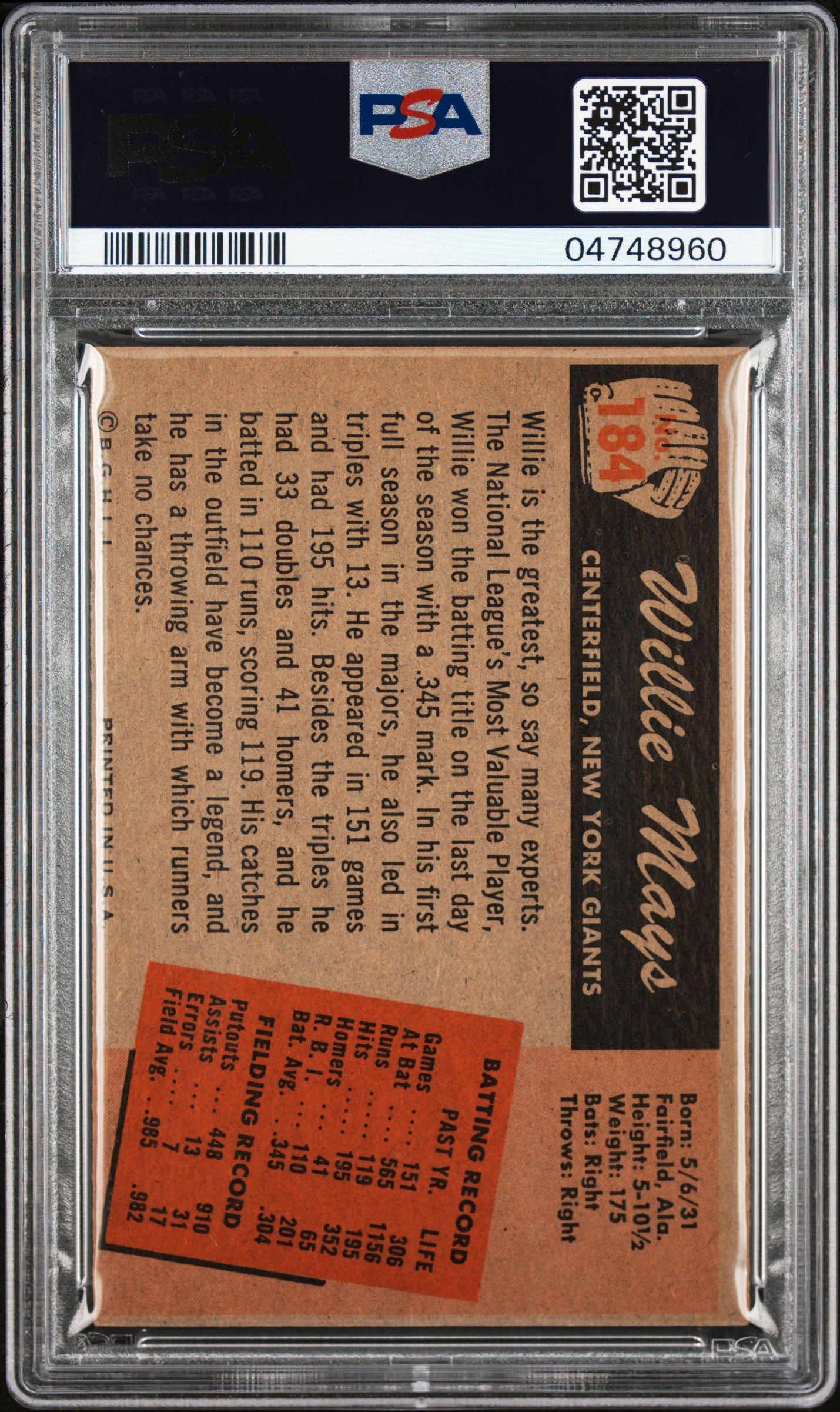 1955 BOWMAN WILLIE MAYS #184 PSA 8