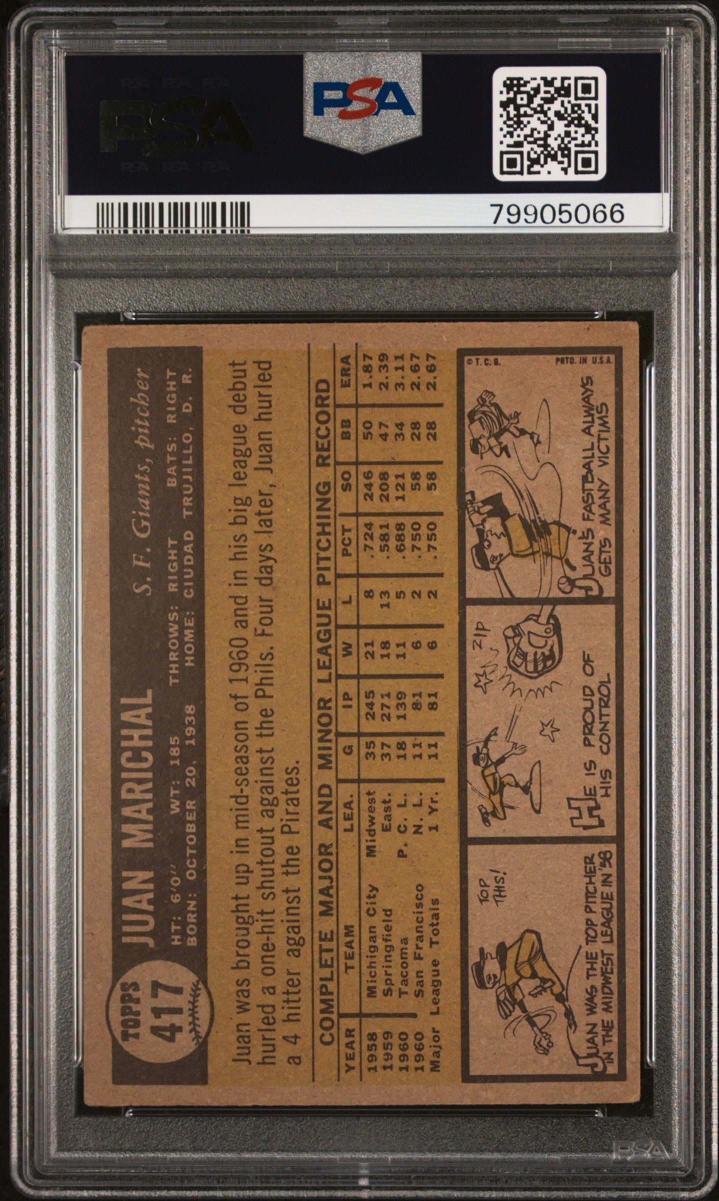 1961 TOPPS JUAN MARICHAL #417 PSA/DNA 4 AUTO 10