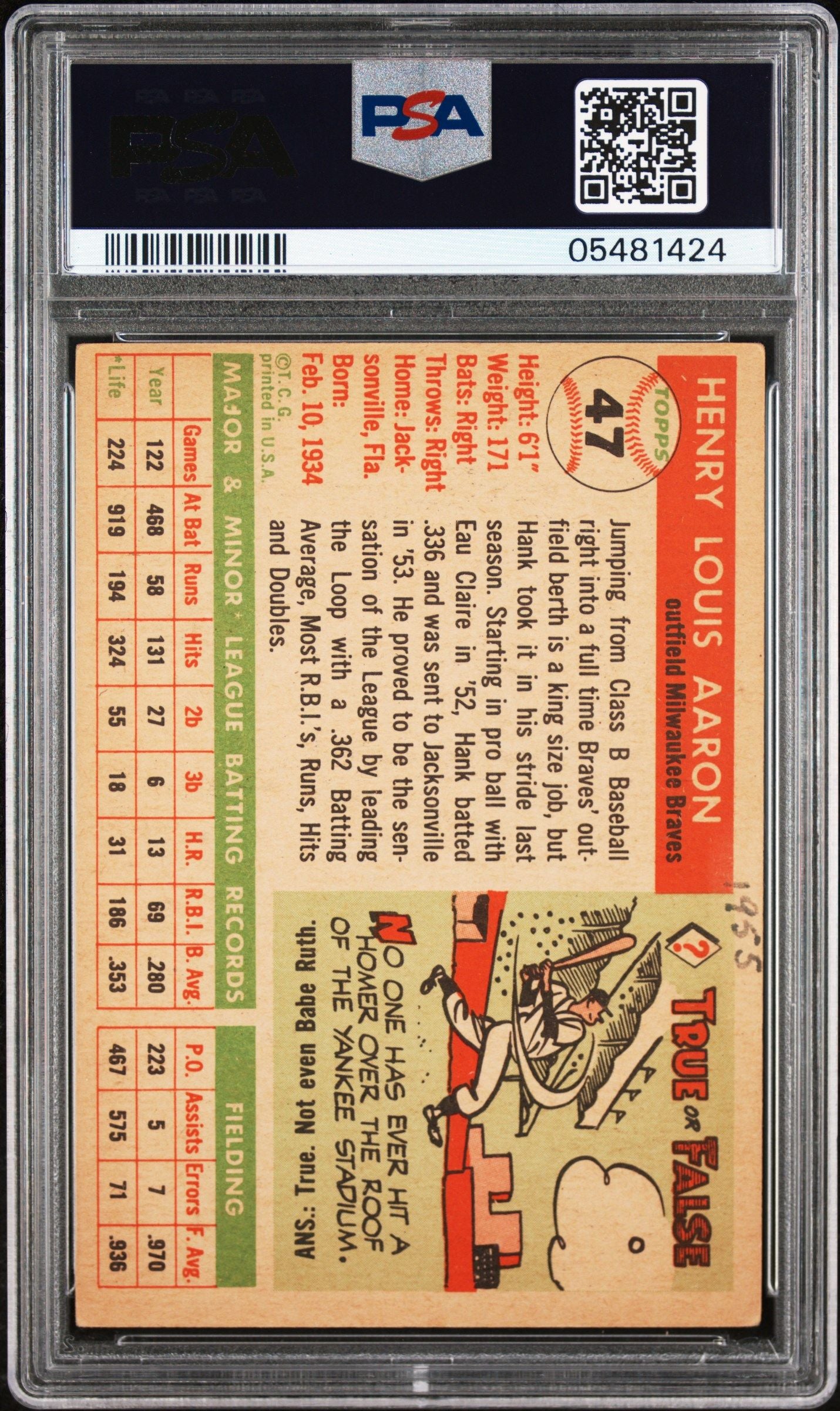 1955 TOPPS HANK AARON #47 PSA 5