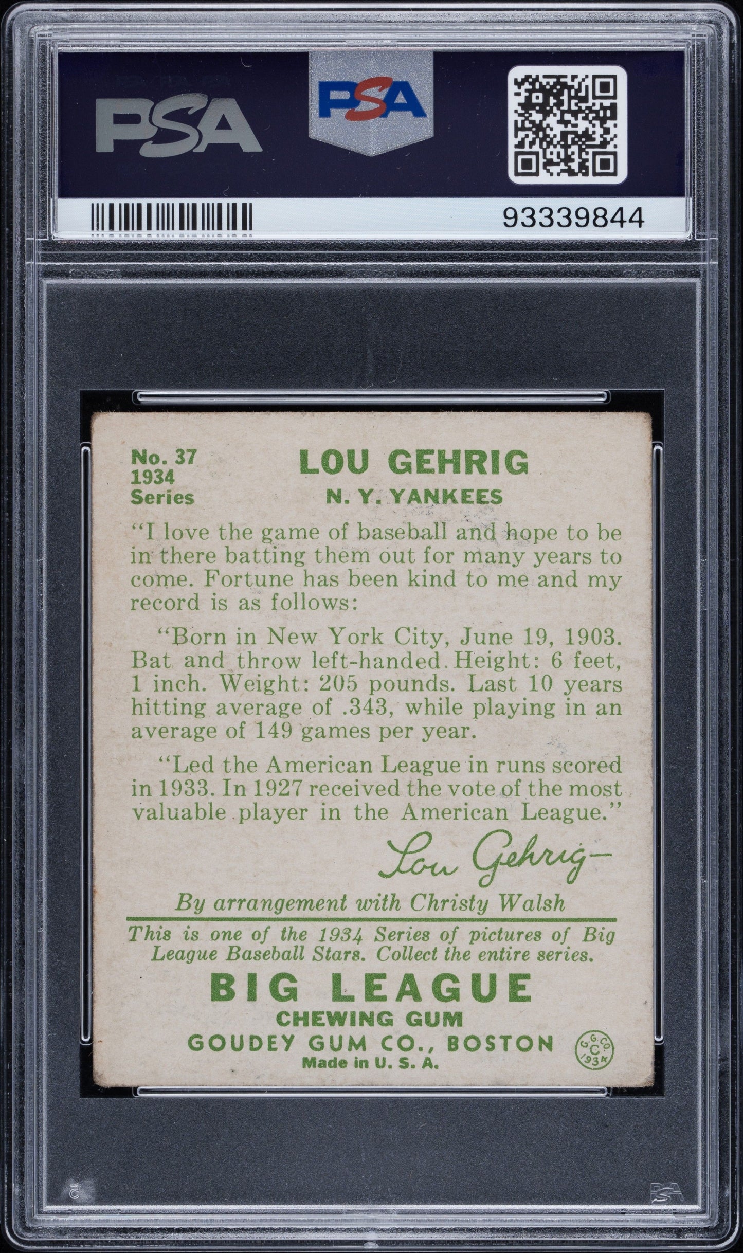 1934 GOUDEY LOU GEHRIG #37 PSA 2