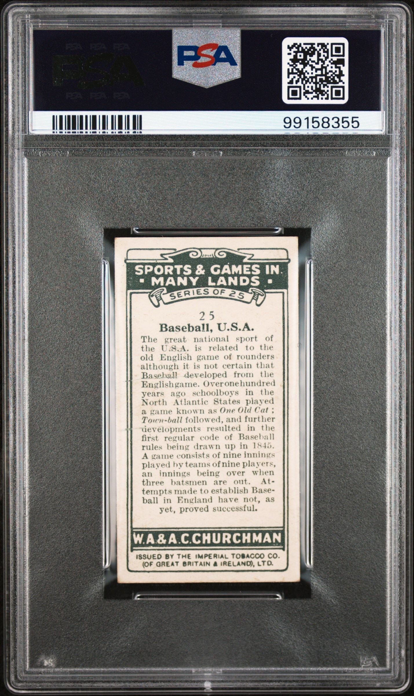 1929 BASEBALL, U.S.A. W.A. & A.C. CHURCHMAN SPORTS AND GAMES #25 PSA 3.5