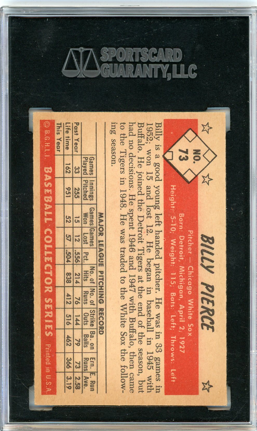 1953 Bowman Color Billy Pierce #73 SGC 8