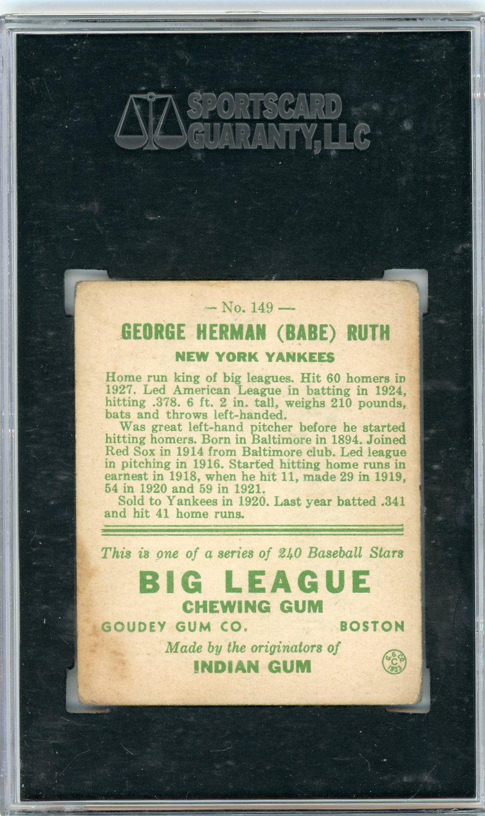 1933 Goudey Babe Ruth #149 SGC 4