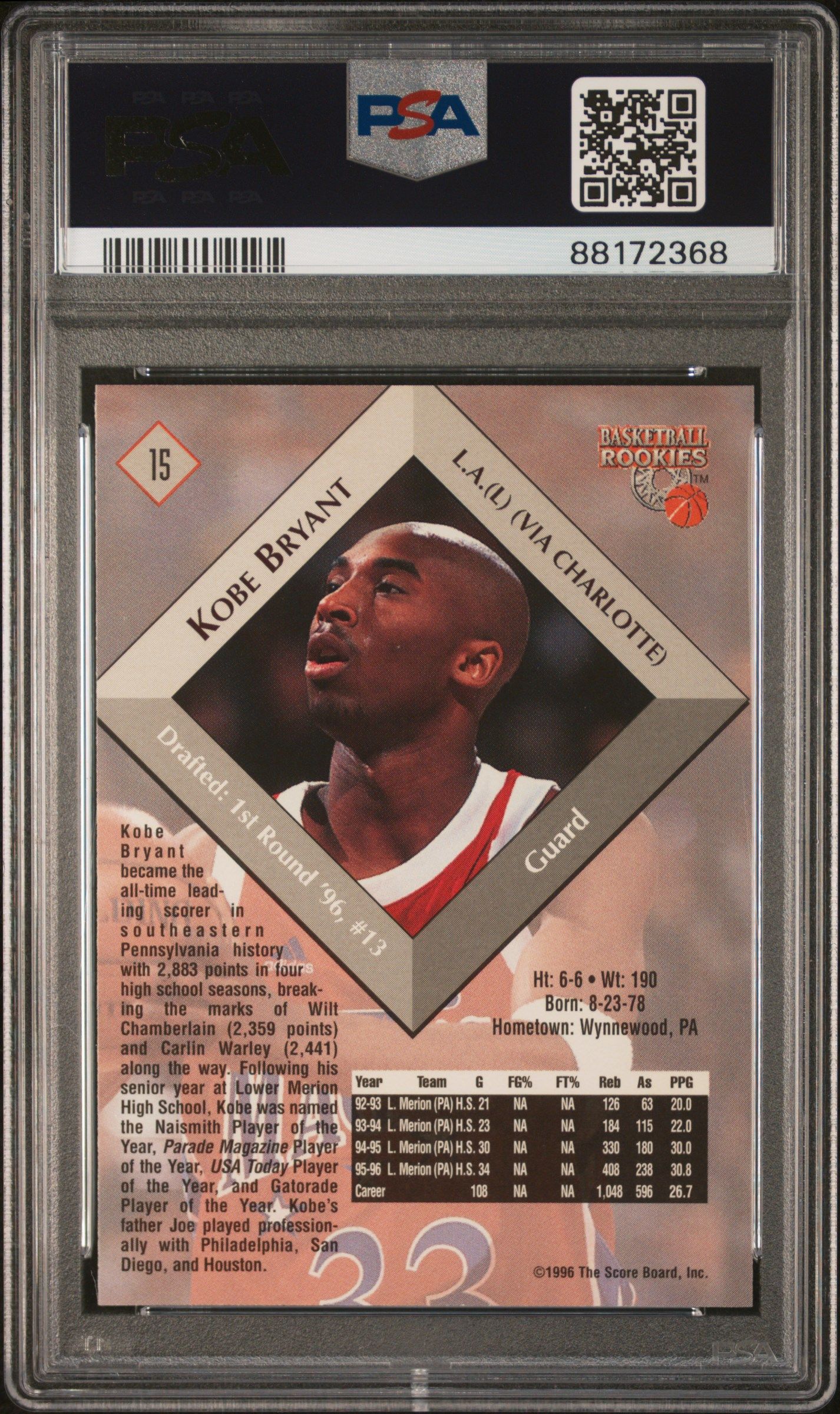 1996 SCORE KOBE BRYANT BOARD BASKETBALL ROOKIES #15 PSA 10