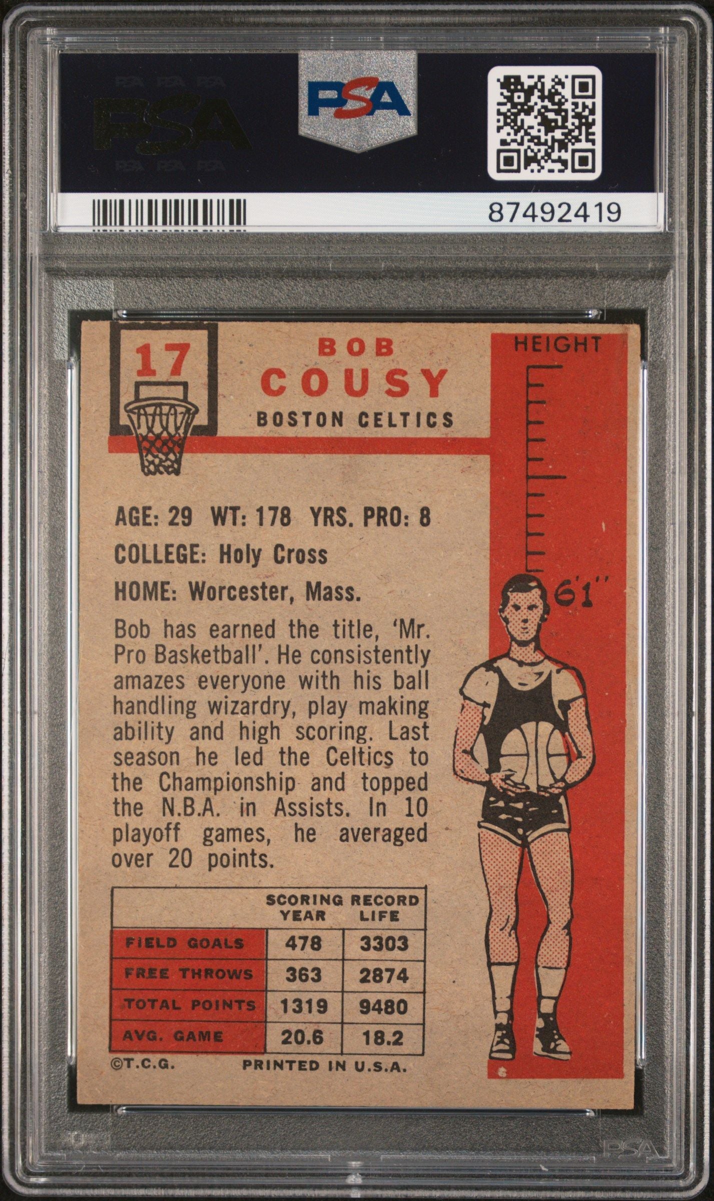 1957 TOPPS BOB COUSY #17 PSA/DNA 4 AUTO 10