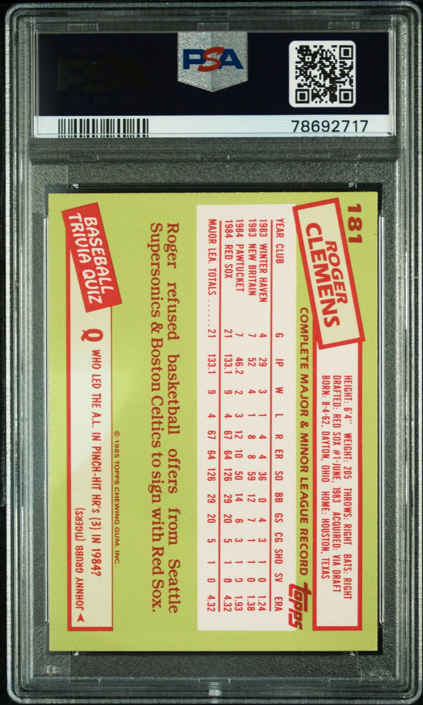 1985 TOPPS ROGER CLEMENS TIFFANY #181 PSA/DNA 8 AUTO 10