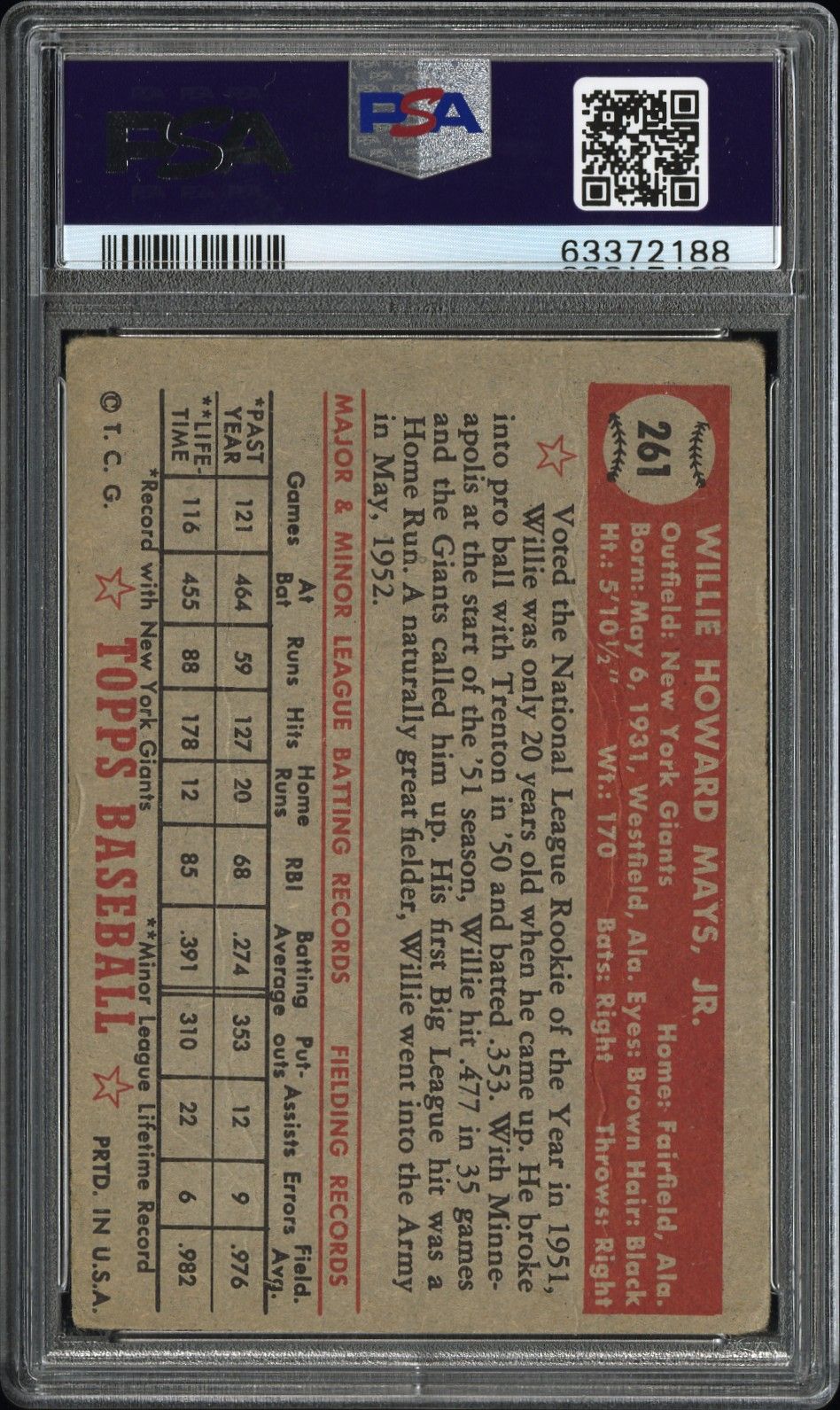 1952 TOPPS WILLIE MAYS #261 PSA 1