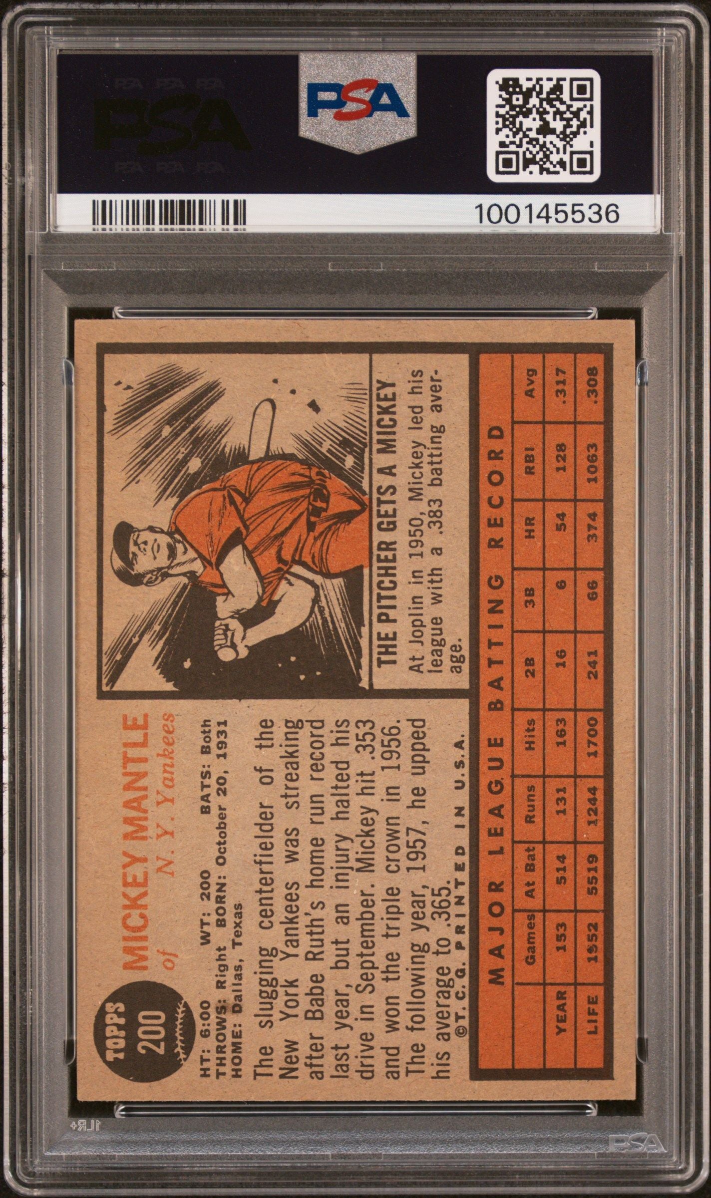 1962 TOPPS MICKEY MANTLE #200 PSA 5