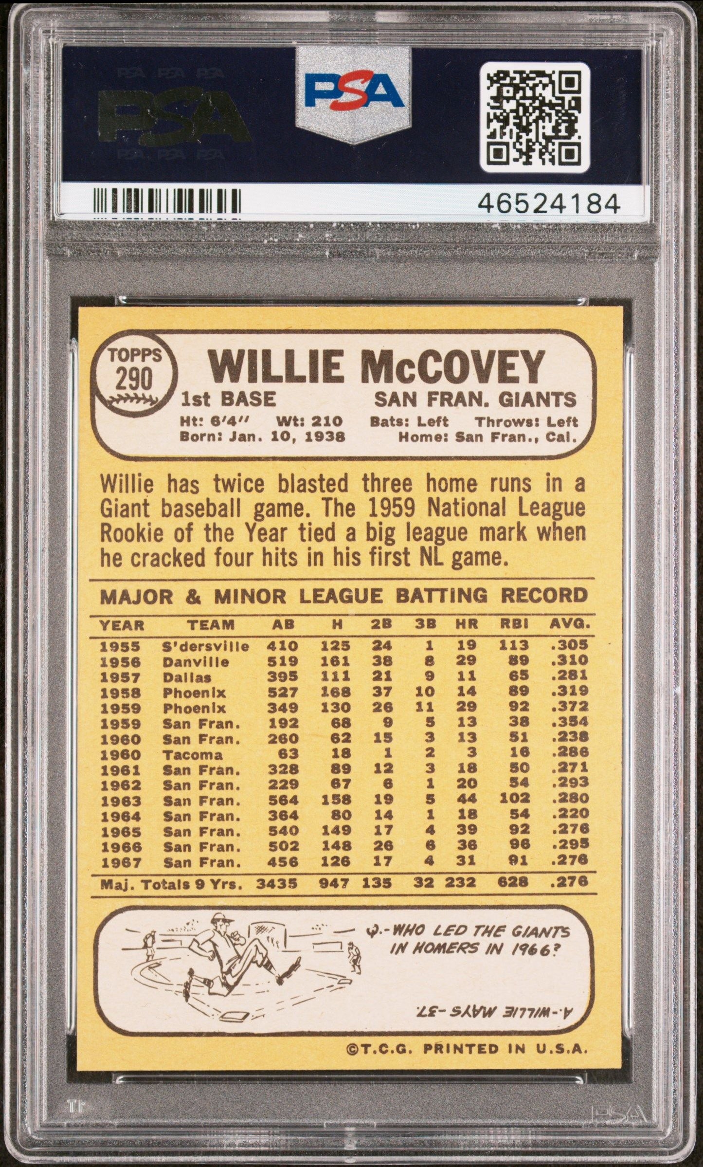 1968 TOPPS WILLIE MCCOVEY #290 PSA 9