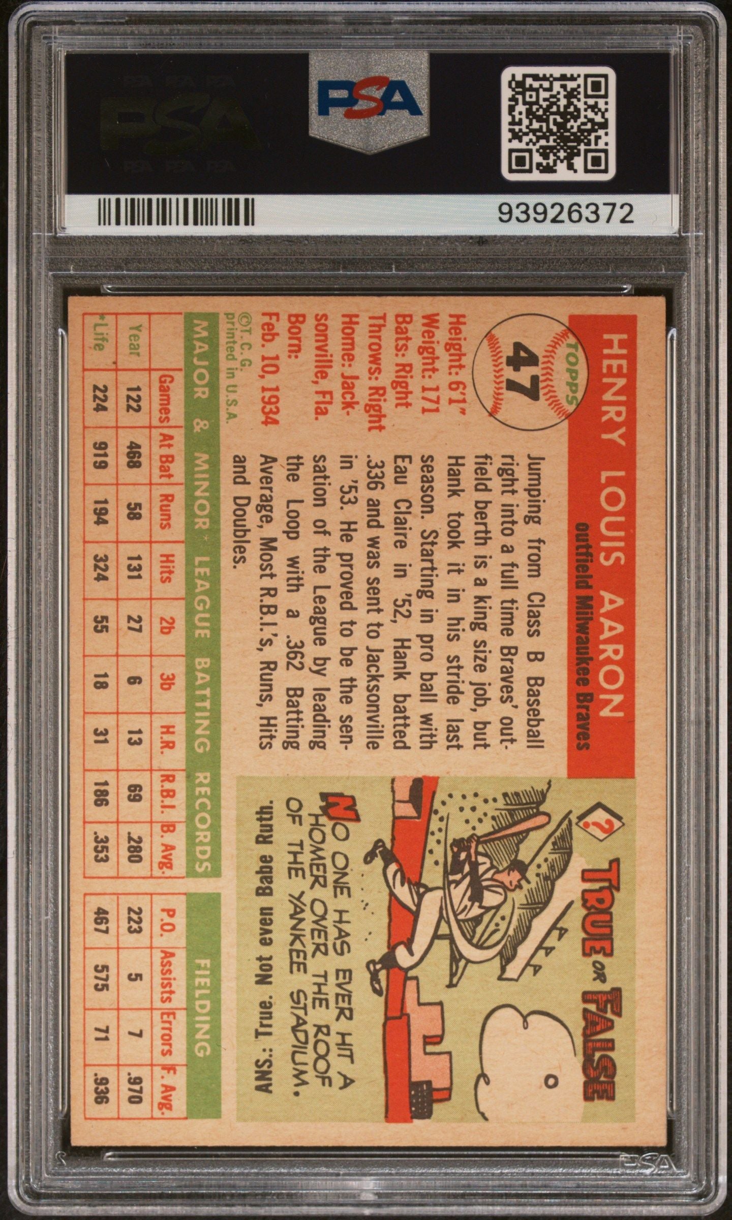 1955 TOPPS HANK AARON #47 PSA 6