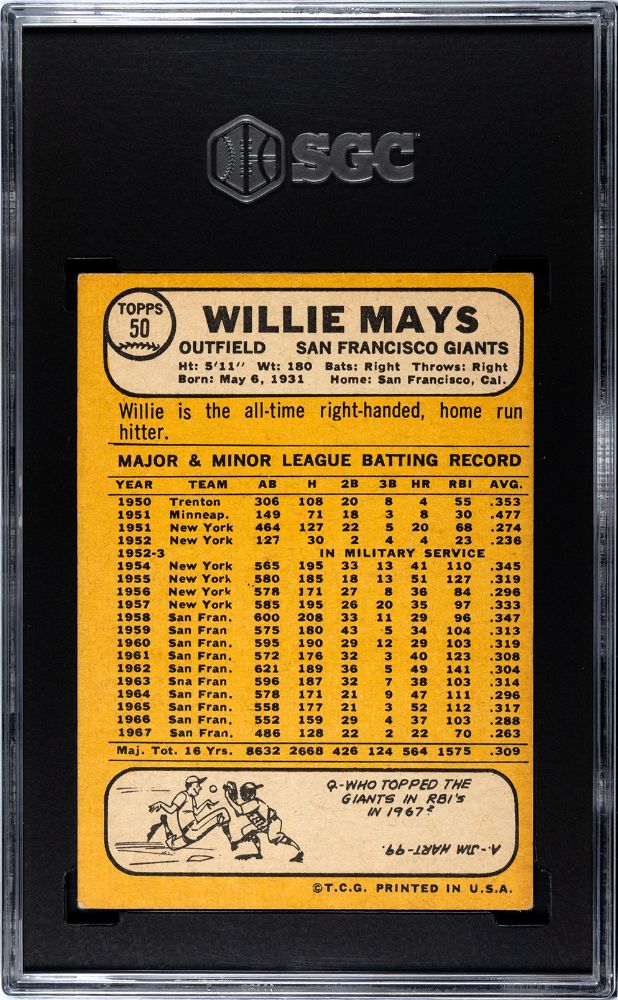 1968 TOPPS WILLIE MAYS #50 SGC 4.5