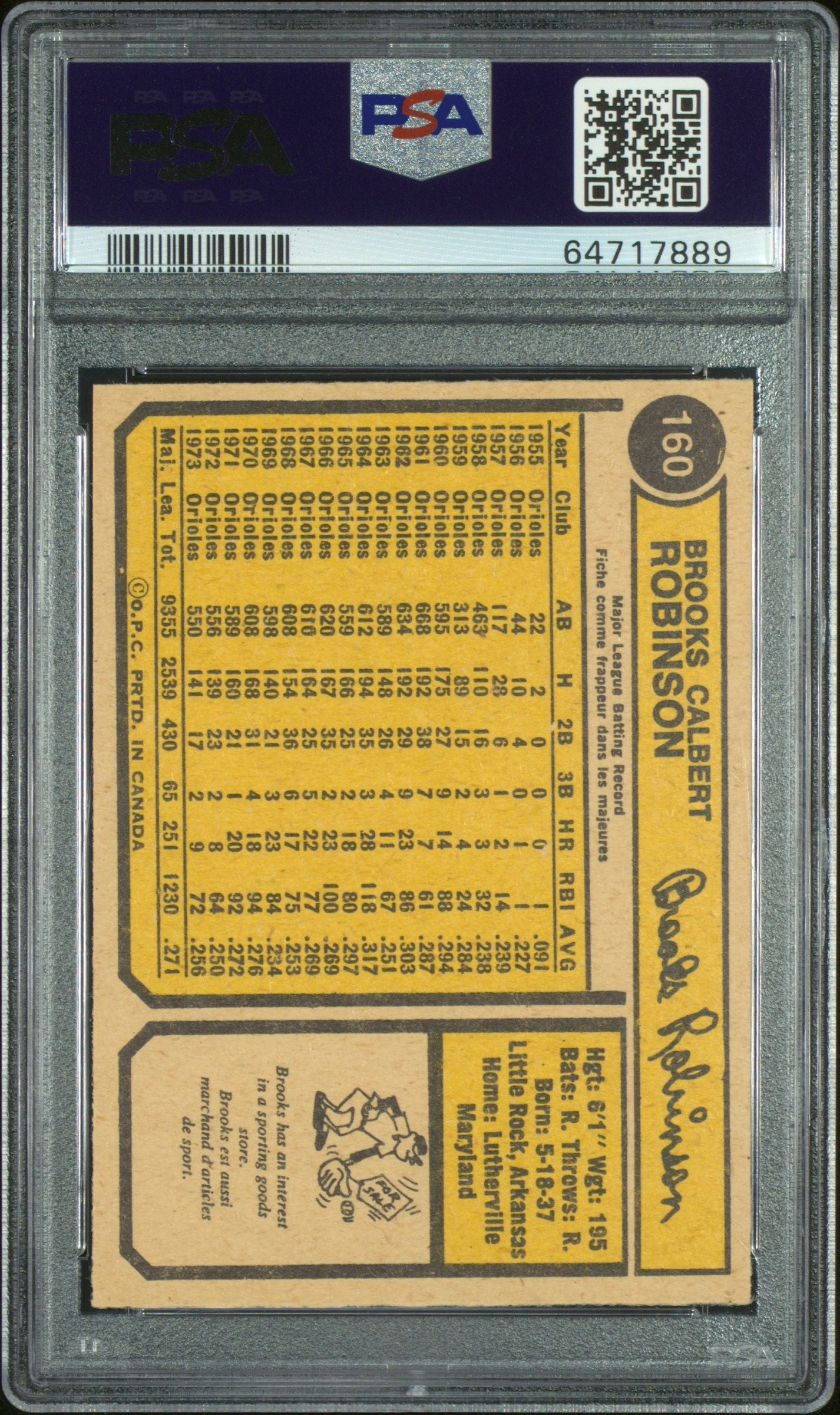 1974 O-PEE-CHEE BROOKS ROBINSON #160 PSA 8