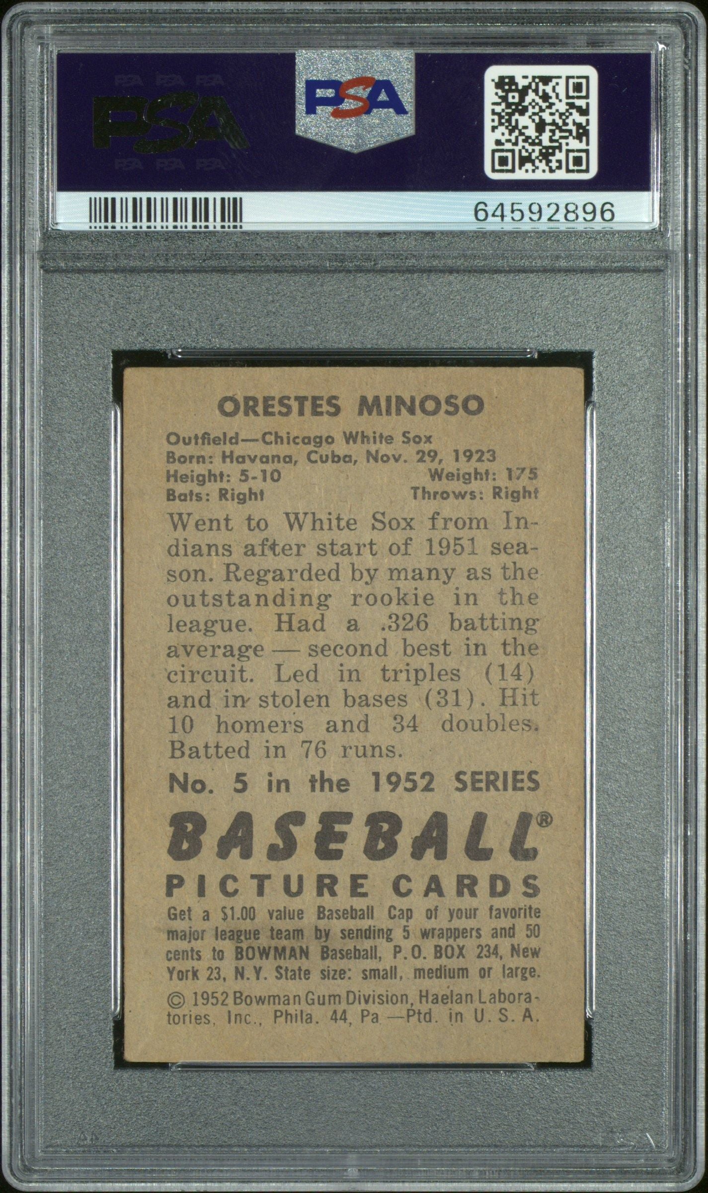 1952 BOWMAN ORESTES MINOSO #5 PSA 4