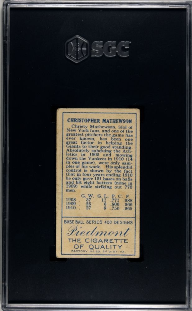 1911 MATHEWSON, CHRISTY PIEDMONT CIGARETTES (T205) SGC 3