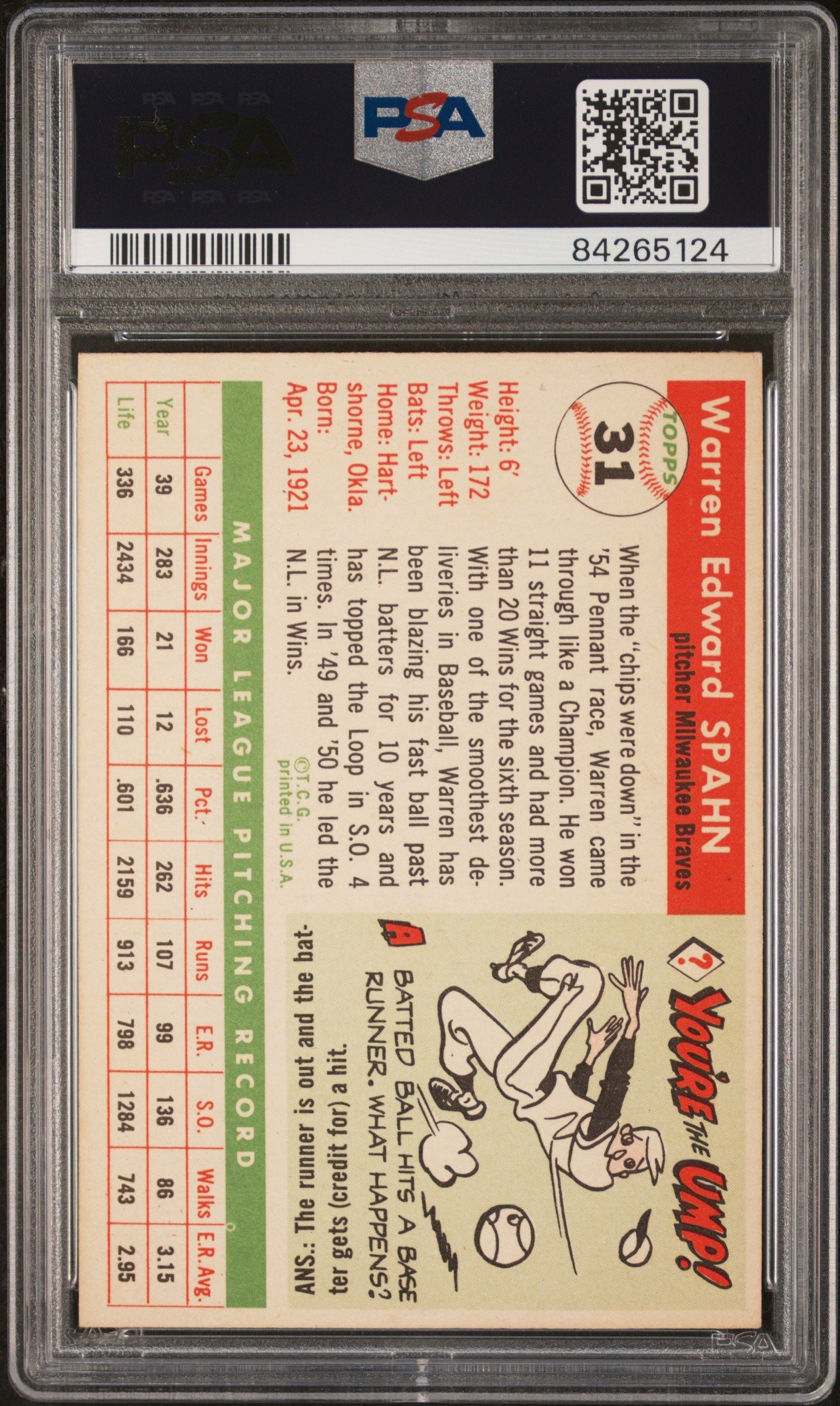 1955 TOPPS WARREN SPAHN #31 PSA 7.5