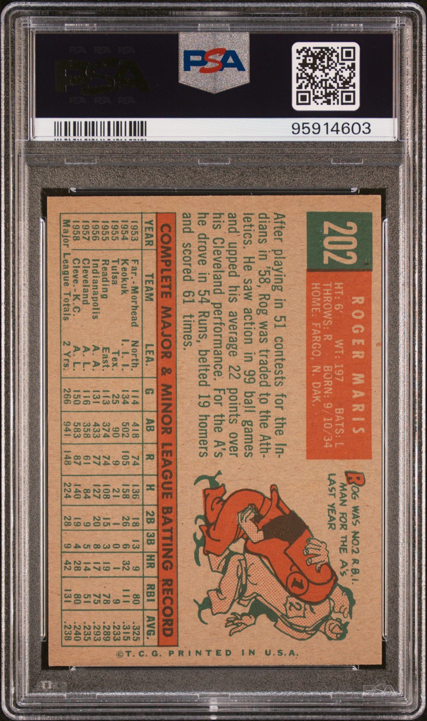 1959 TOPPS ROGER MARIS GRAY BACK #202 PSA 8