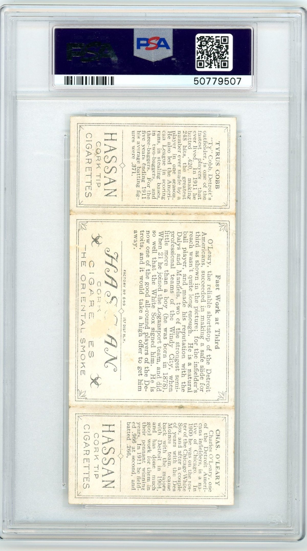 1912 T202 Hassan Triple Folder T. Cobb C. O'leary Fast Work At Third PSA 2