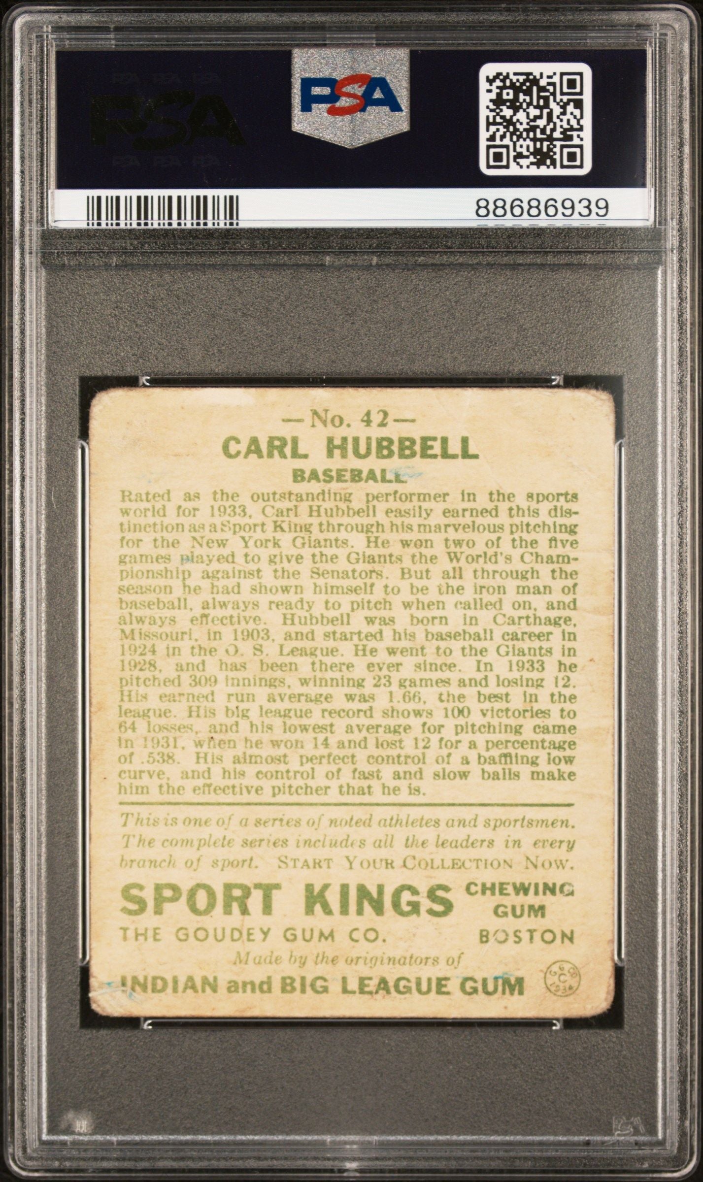 1933 SPORT KINGS CARL HUBBELL BASEBALL #42 PSA 1