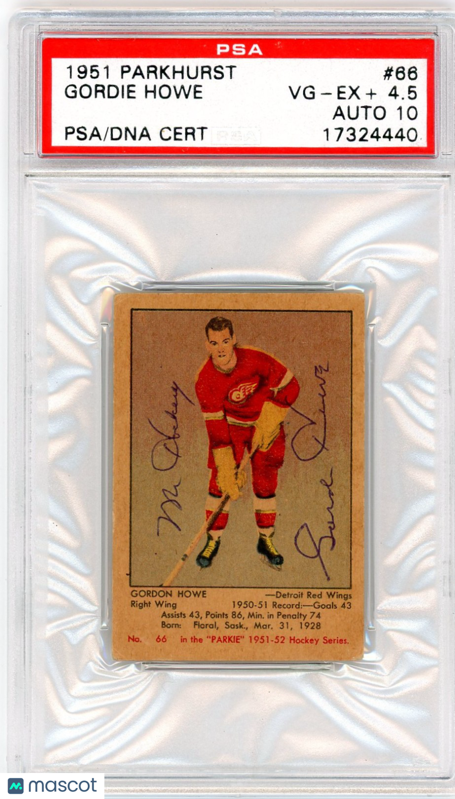 1951 Parkhurst Gordie Howe #66 PSA 4.5 Auto 10