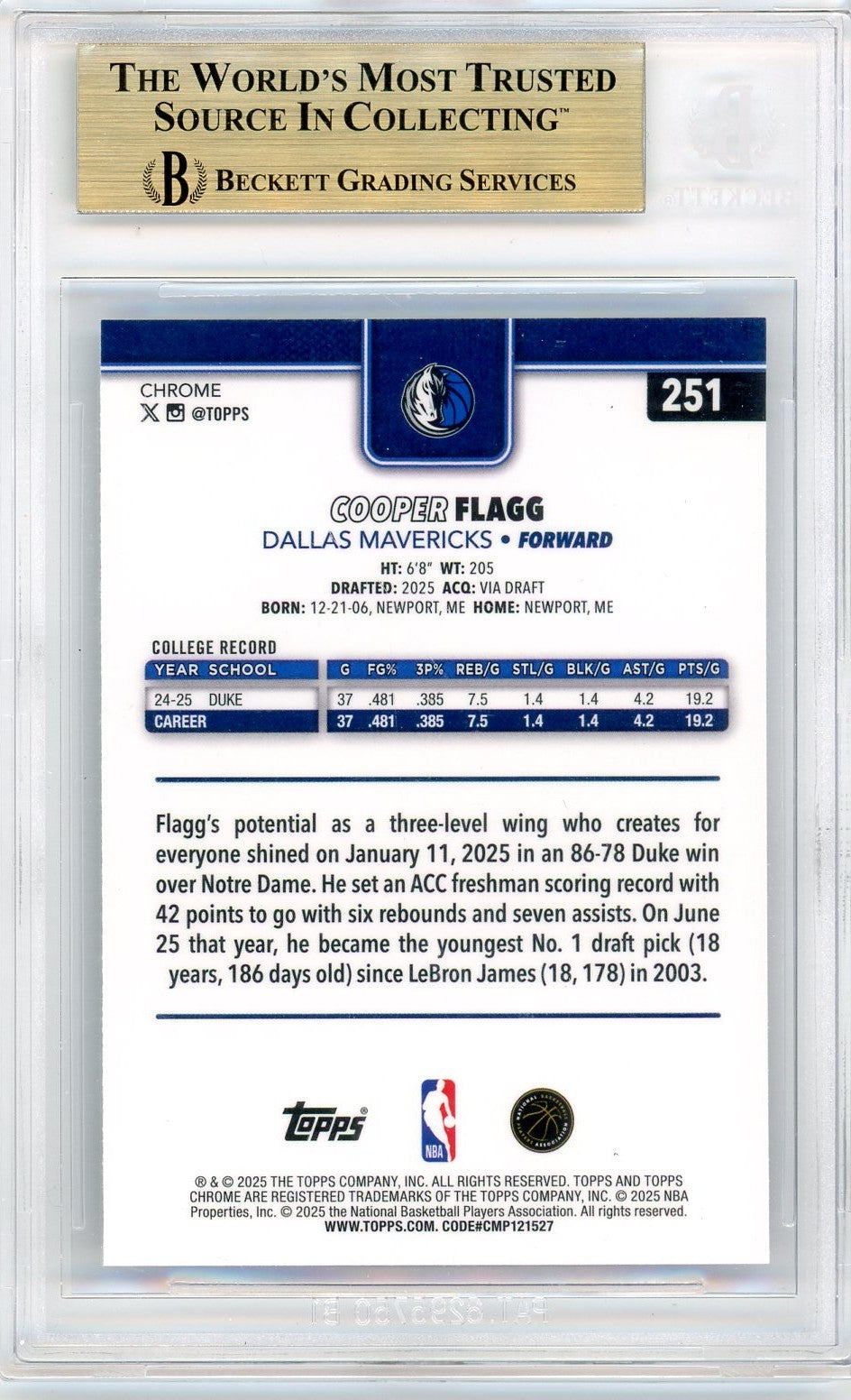 2025-26 Topps Chrome Cooper Flagg #251 Pulsar Refractors BGS 9.5