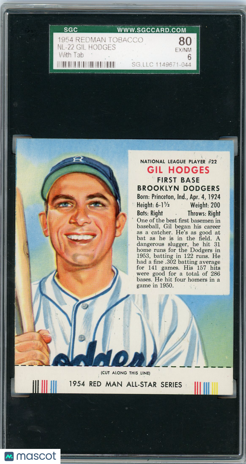 1954 Redman Tobacco Gil Hodges #NL-22 (With Tab) SGC 6