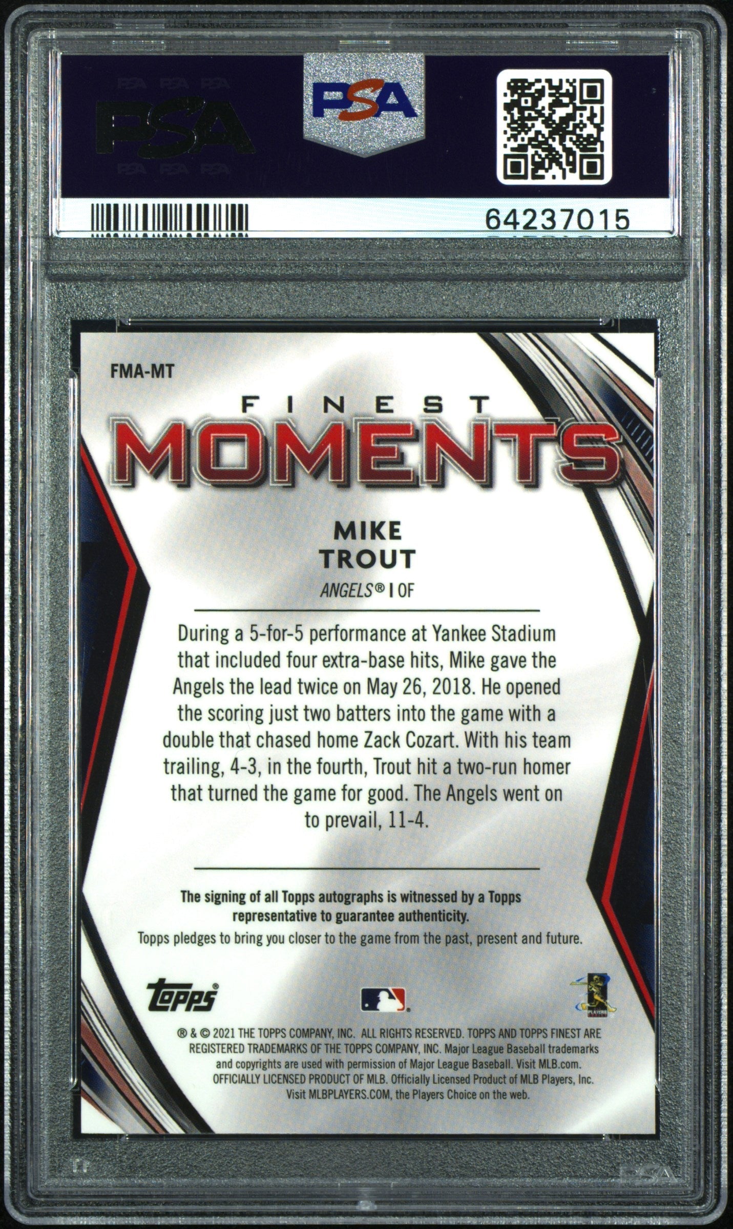 2021 Finest #FMA-MT Mike Trout Finest Moments Autographs PSA 9