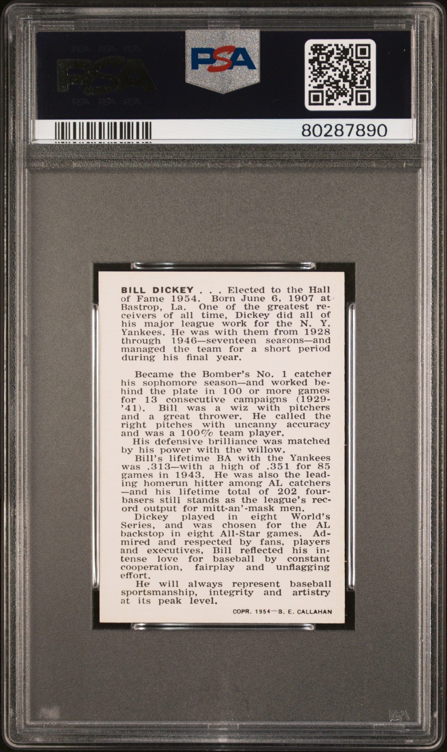 1950 BILL DICKEY CALLAHAN HALL OF FAME 1ST PARA. ENDS...DURING PSA 8