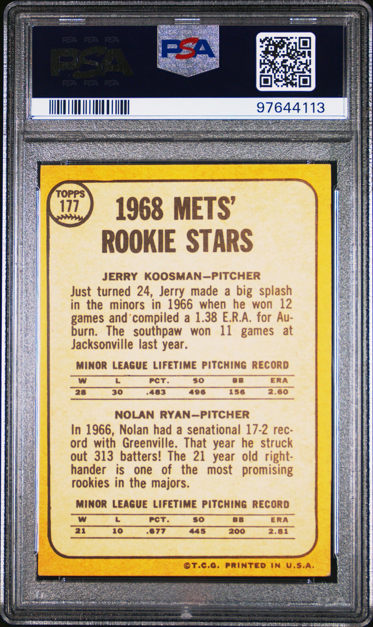 1968 TOPPS METS ROOKIES J.KOOSMAN/N.RYAN #177 PSA 5