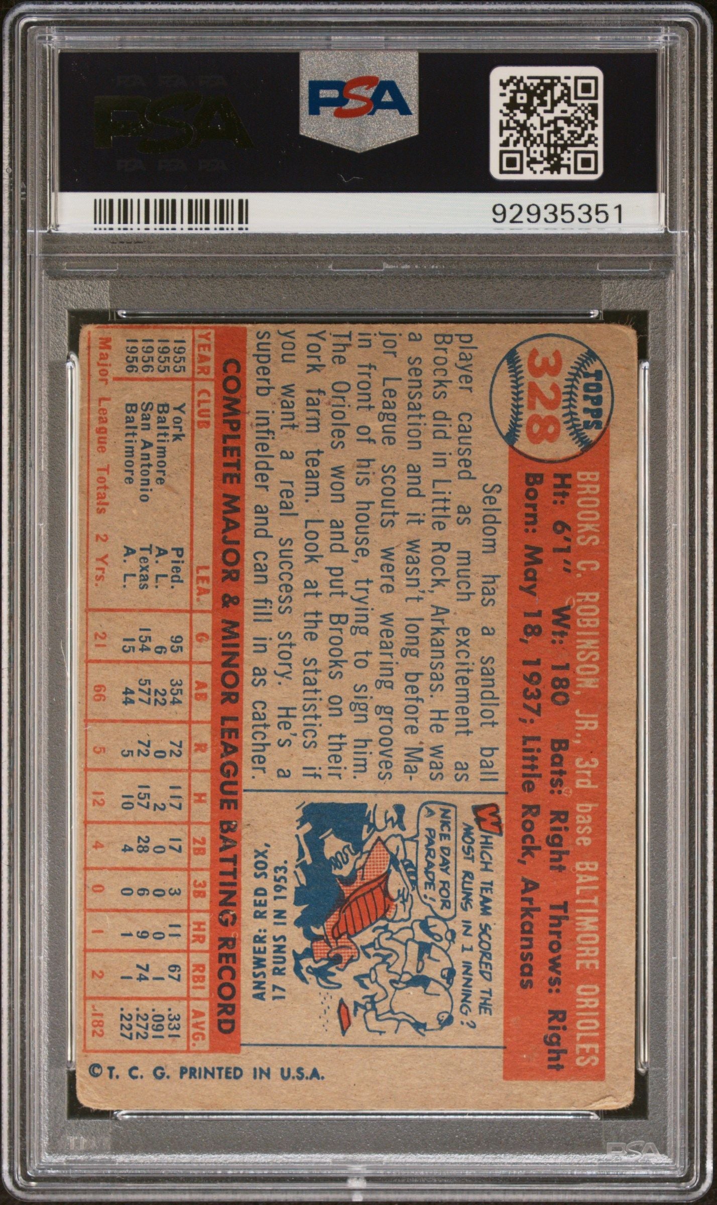 1957 TOPPS BROOKS ROBINSON #328 PSA/DNA 2 AUTO 10