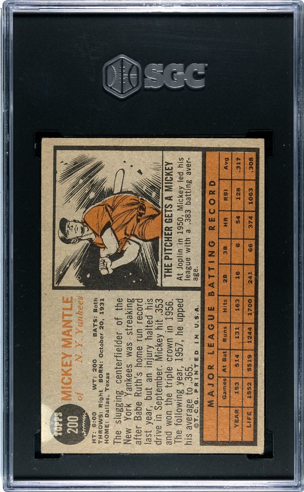 1962 TOPPS MICKEY MANTLE #200 SGC 2.5