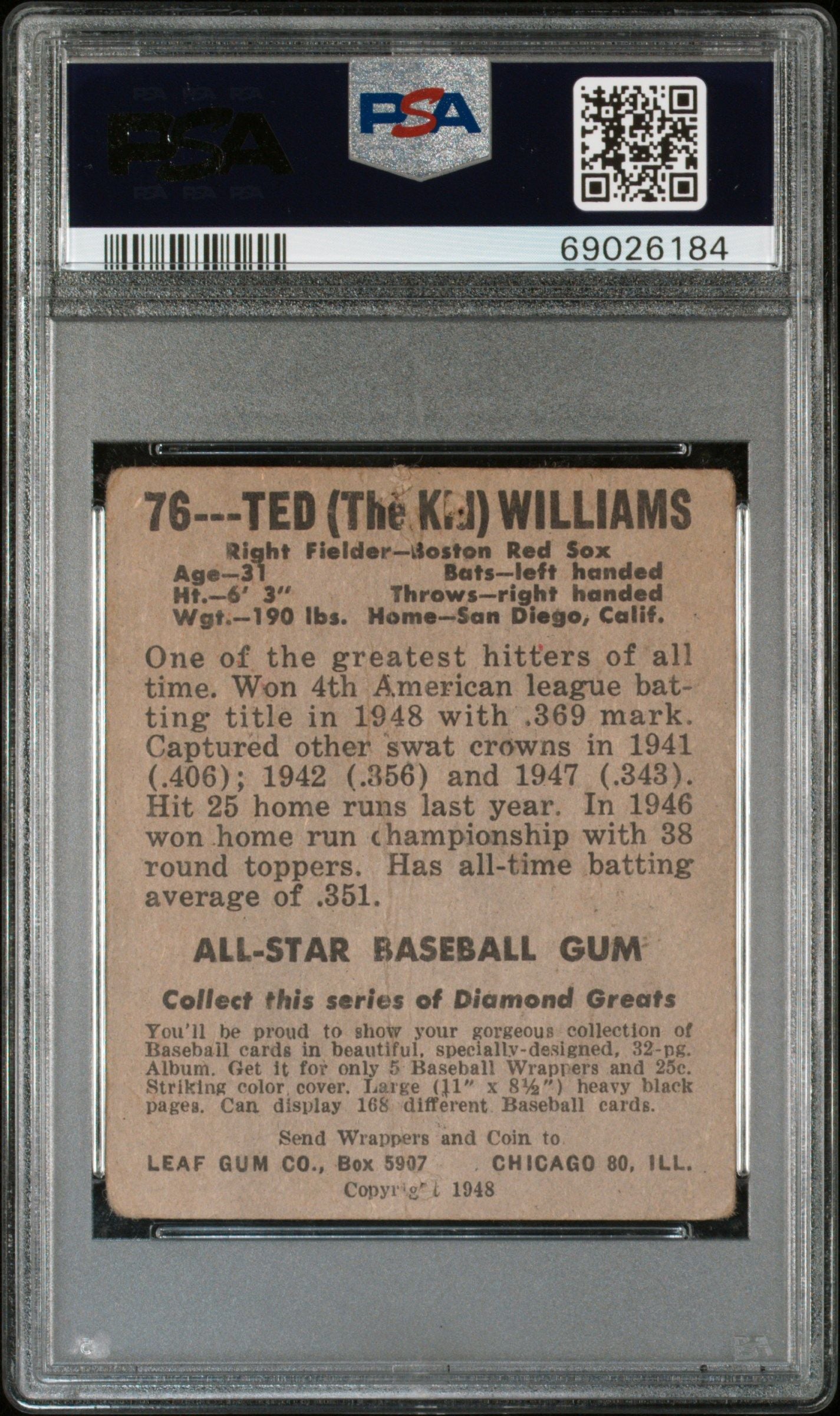 1948 LEAF TED WILLIAMS #76 PSA 1