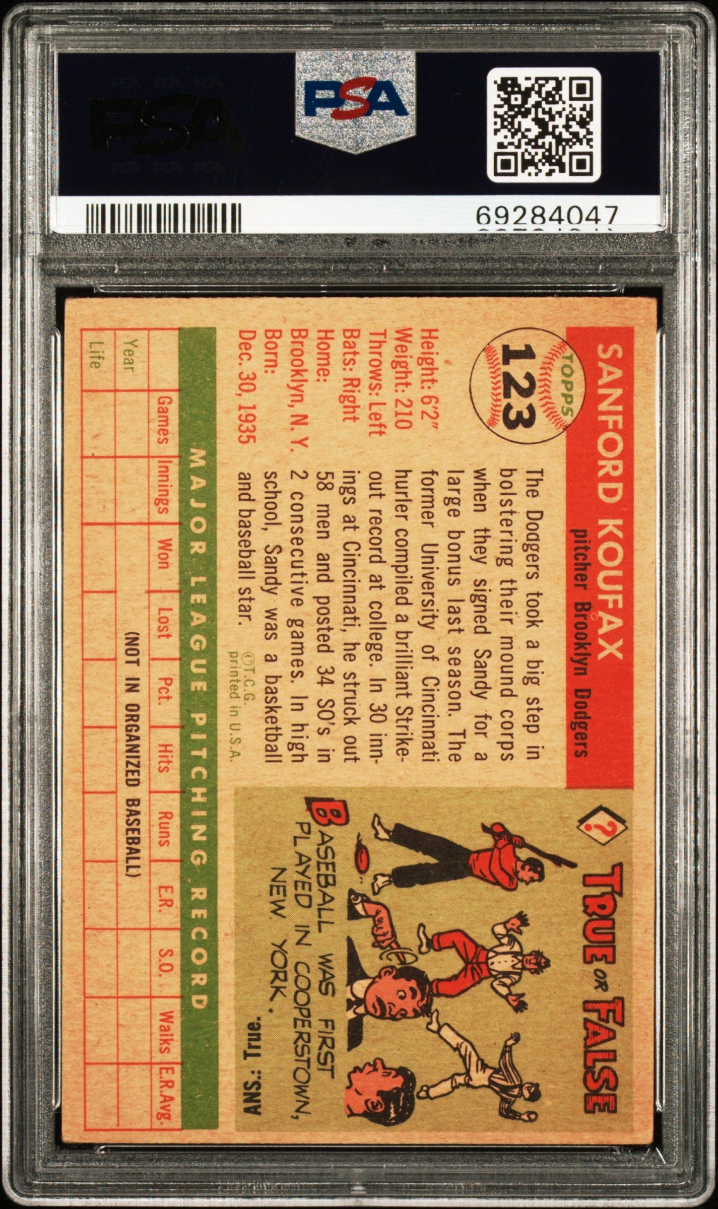 1955 TOPPS SANDY KOUFAX #123 PSA 3.5