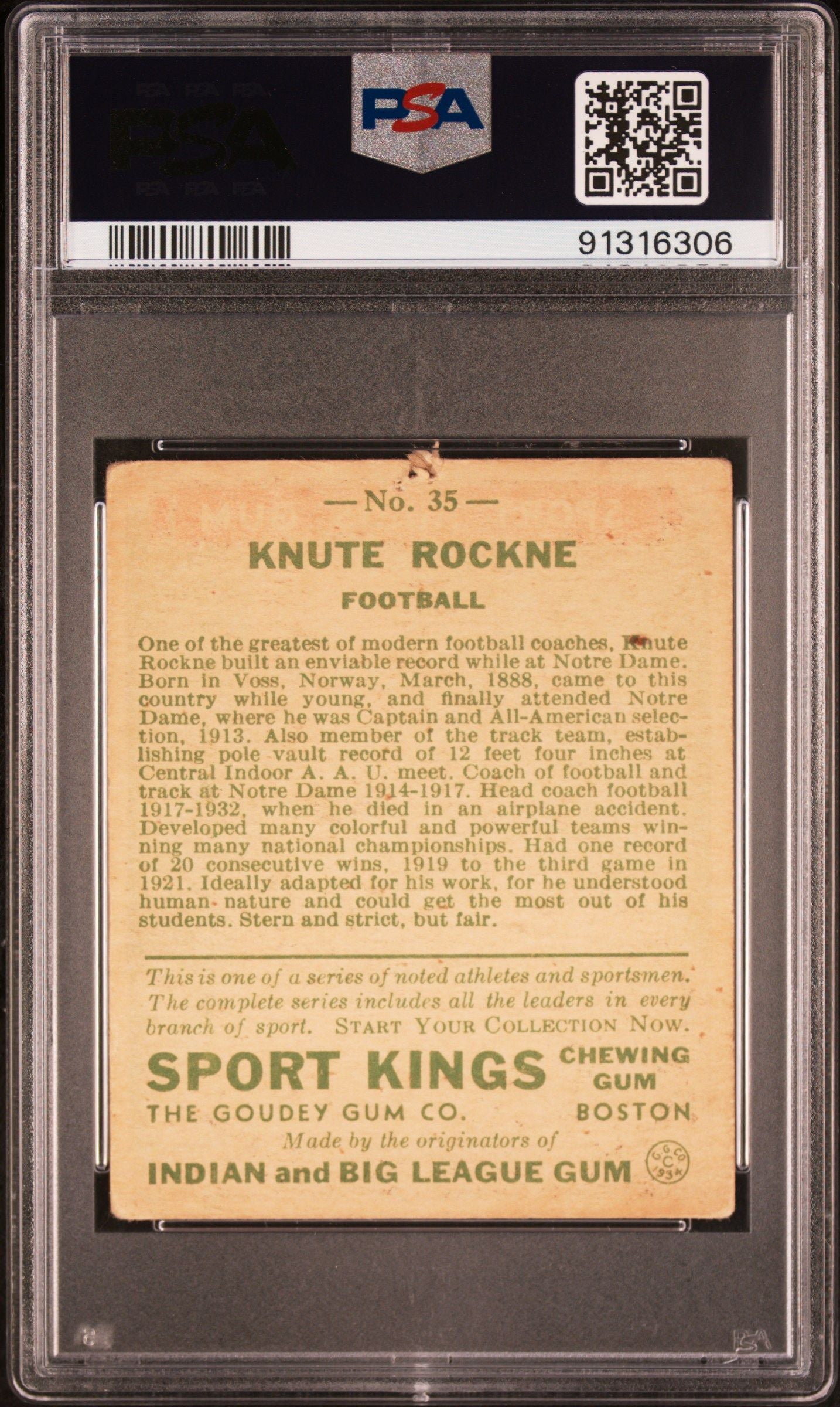 1933 SPORT KINGS KNUTE ROCKNE FOOTBALL #35 PSA 1