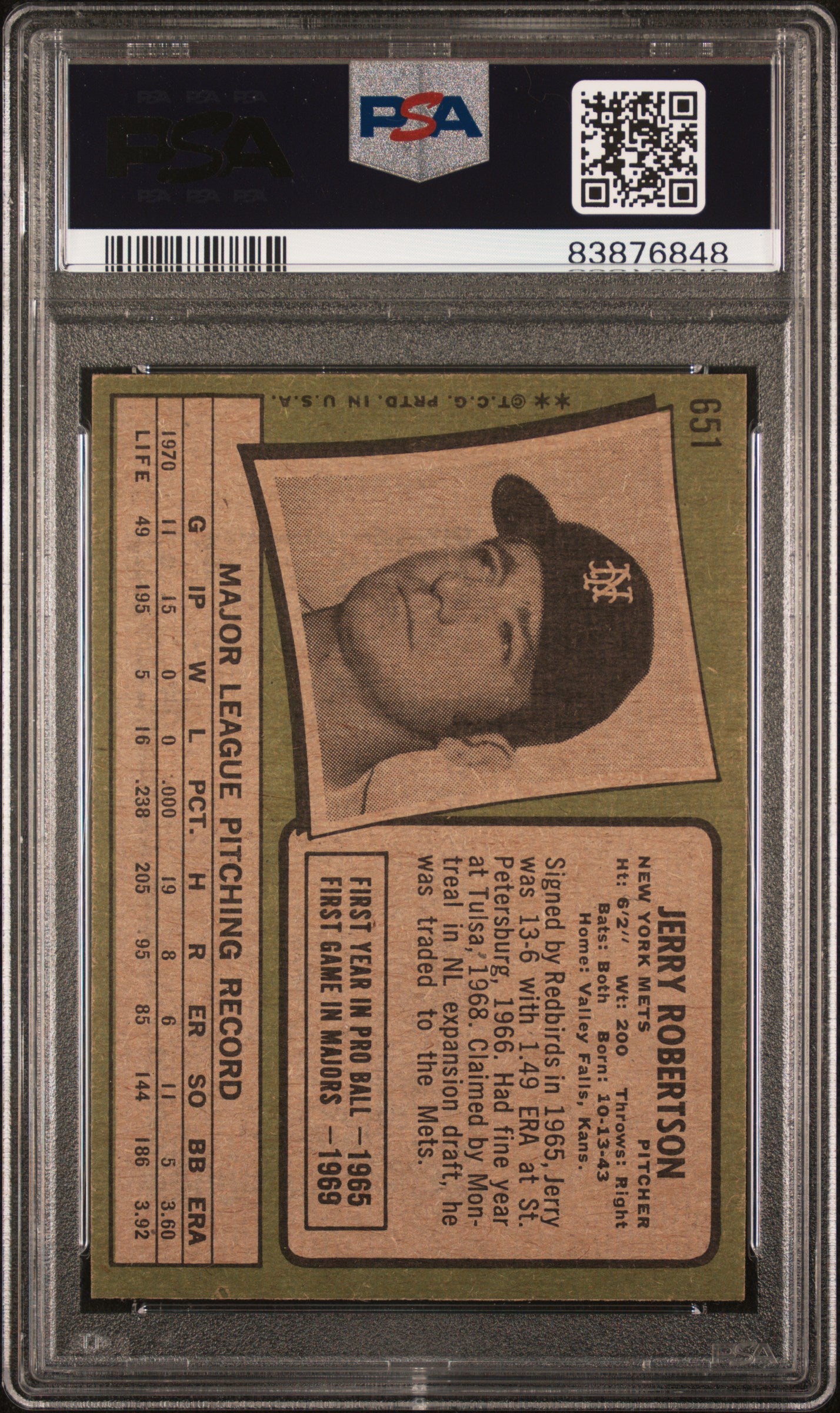 1971 Topps #651 Jerry Robertson PSA 9