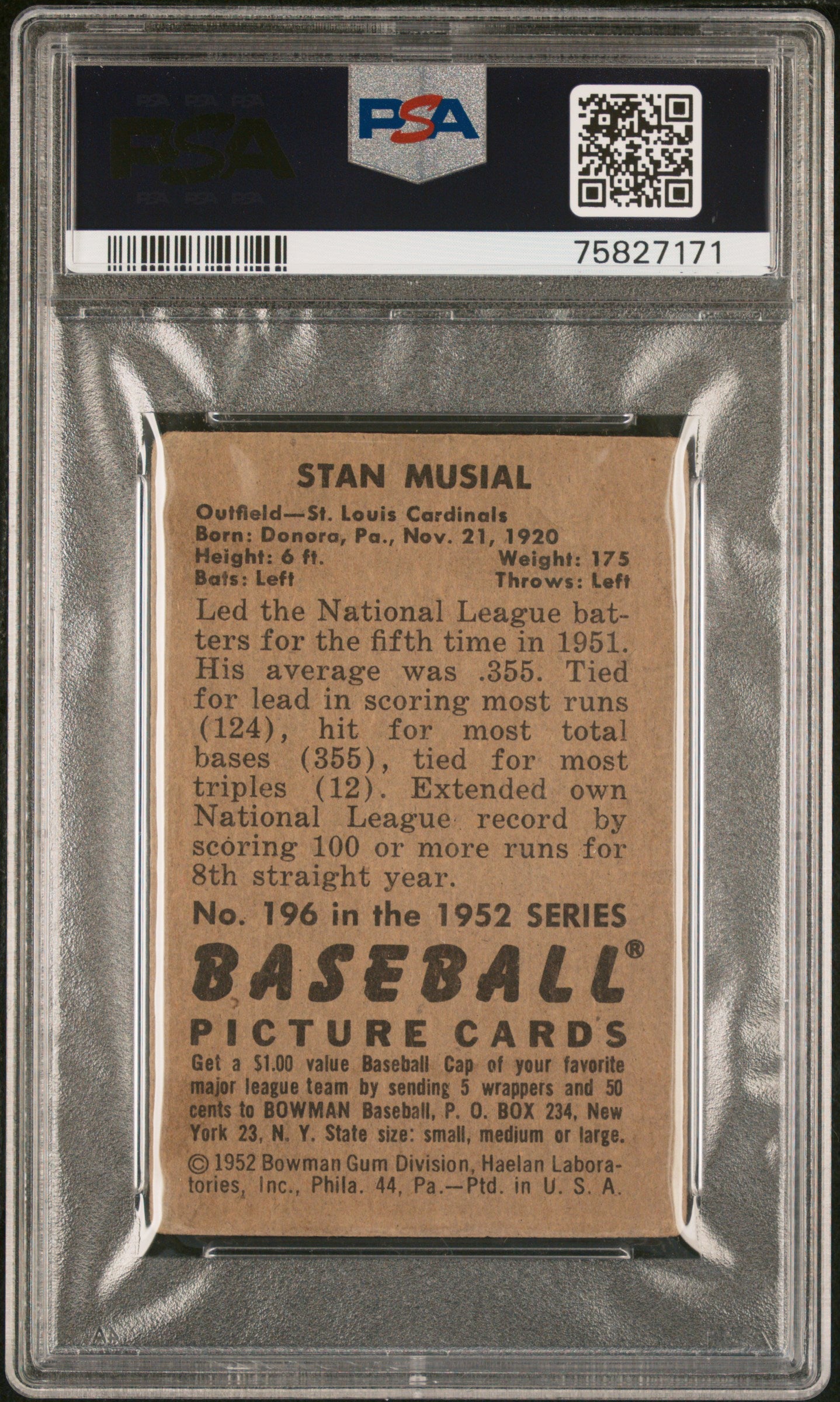 1952 Bowman #196 Stan Musial PSA 0