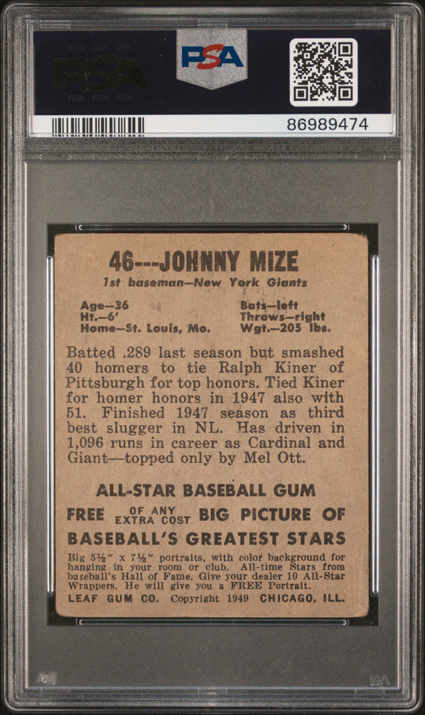 1948 Leaf #46 Johnny Mize PSA 0