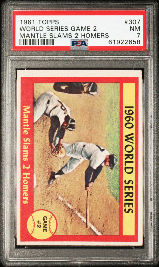 1961 TOPPS WORLD SERIES GAME 2 MANTLE SLAMS 2 HOMERS #307 PSA 7