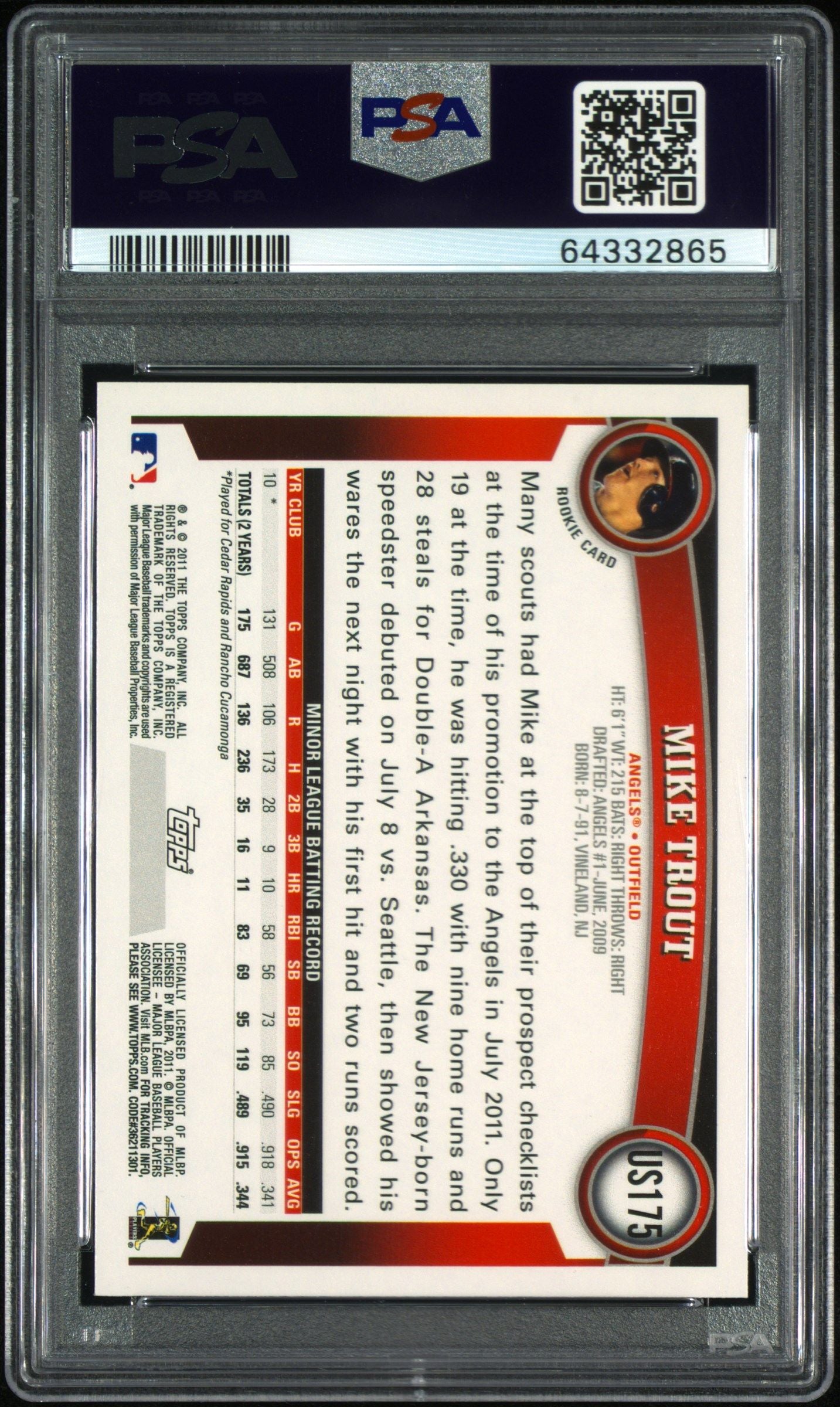 2011 TOPPS MIKE TROUT UPDATE #US175 PSA 9