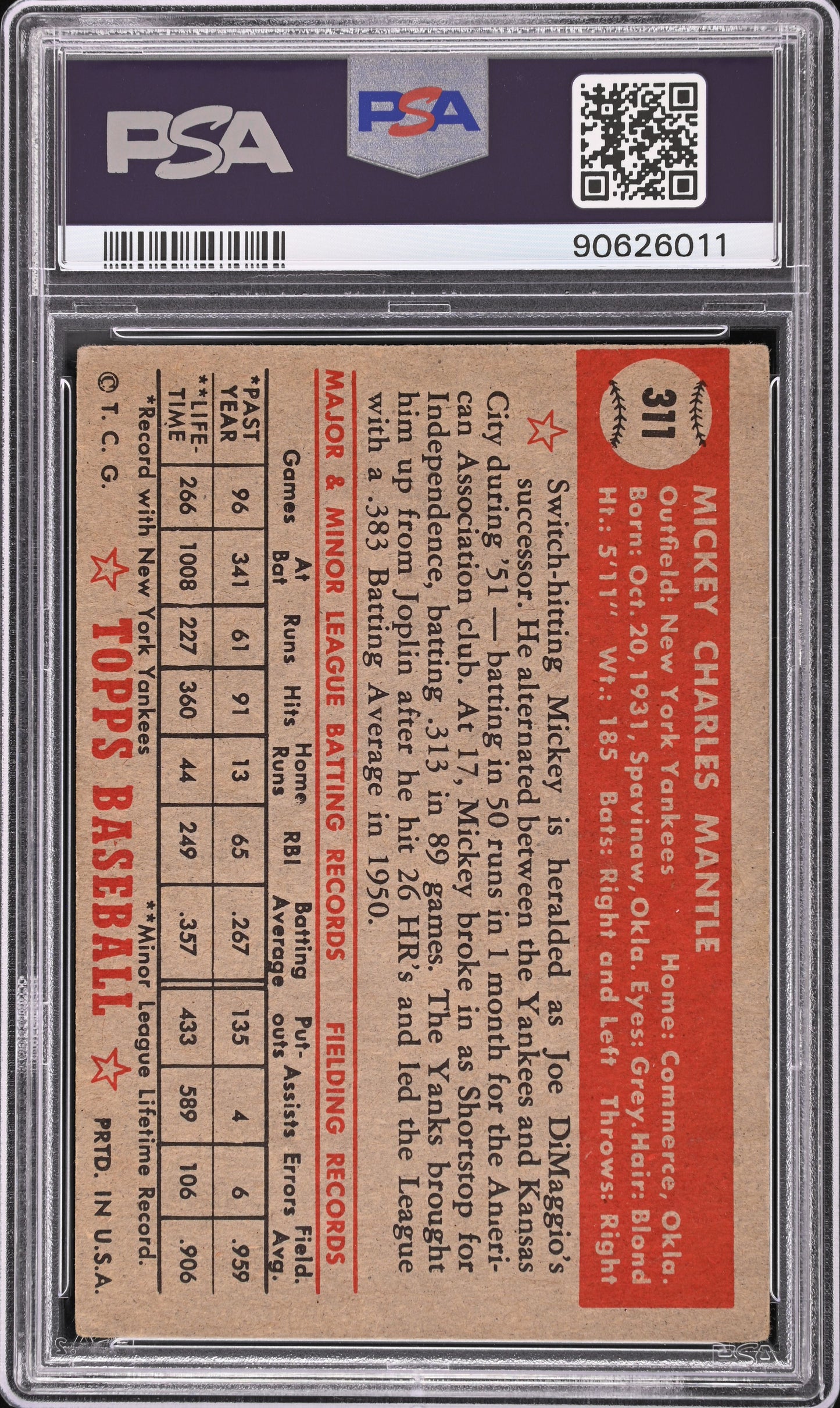 1952 TOPPS MICKEY MANTLE #311 PSA 1