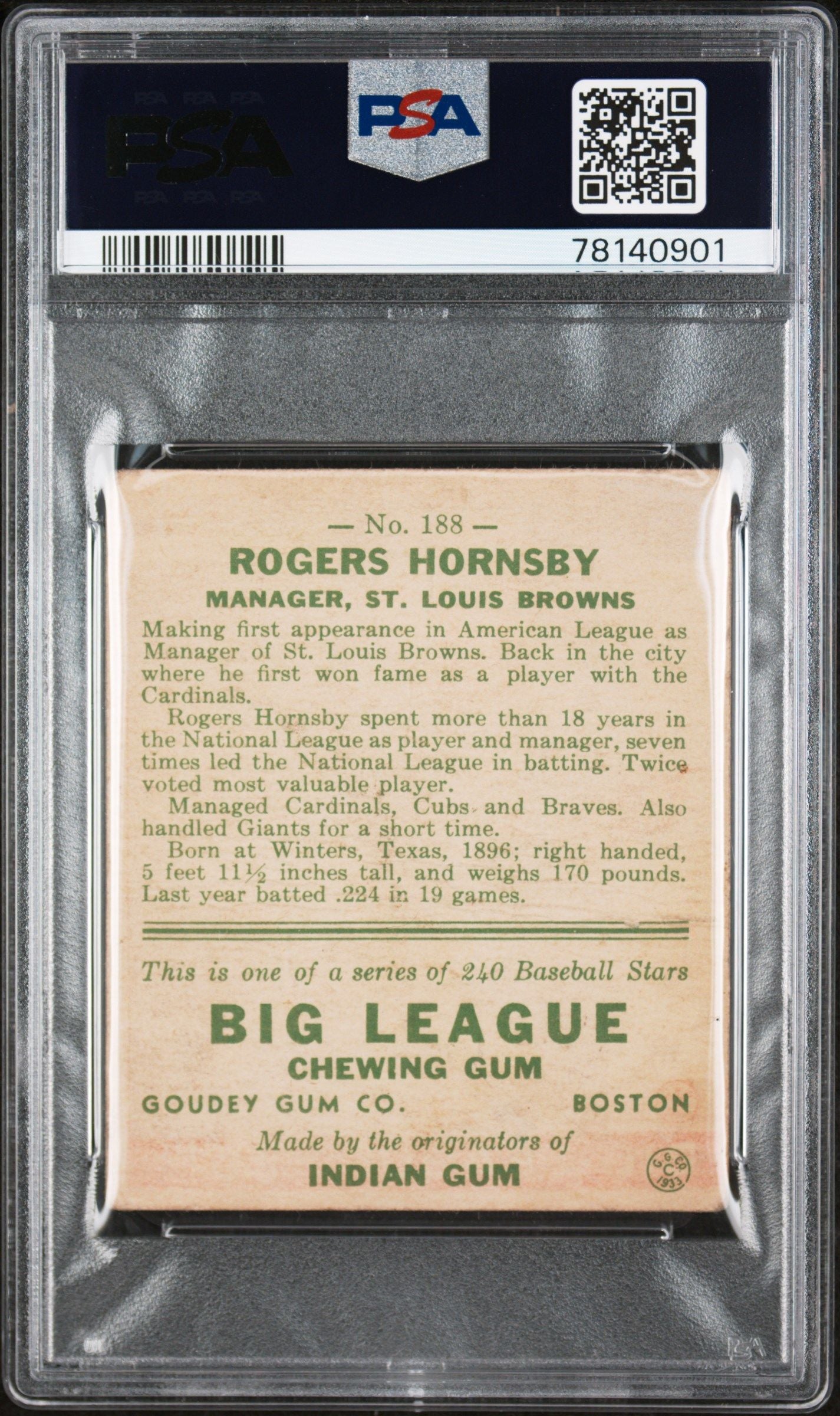 1933 GOUDEY ROGERS HORNSBY #188 PSA 1