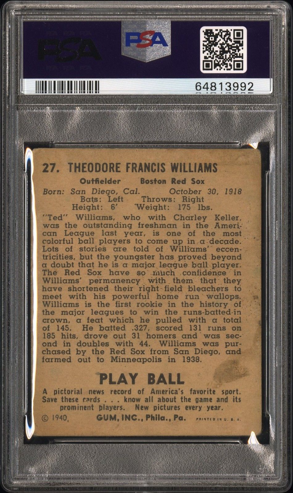 1940 PLAY BALL TED WILLIAMS #27 PSA 2