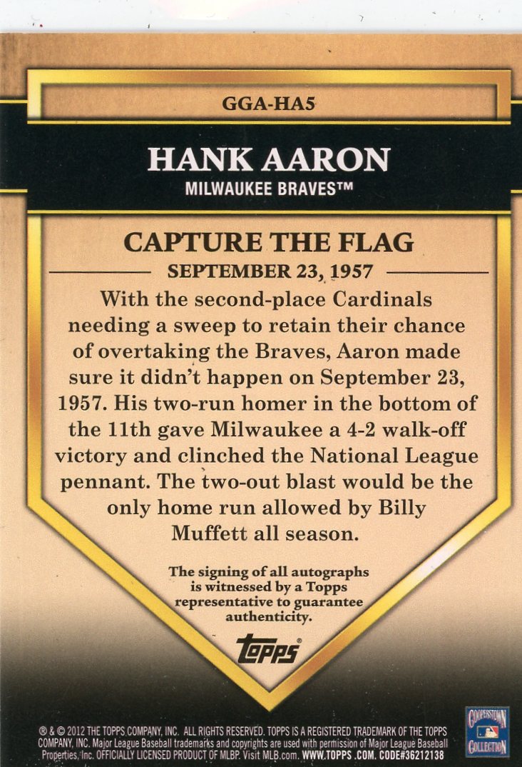 2012 Topps Golden Greats Hank Aaron Capture the Flag #GGA-HA5 Auto 5/10
